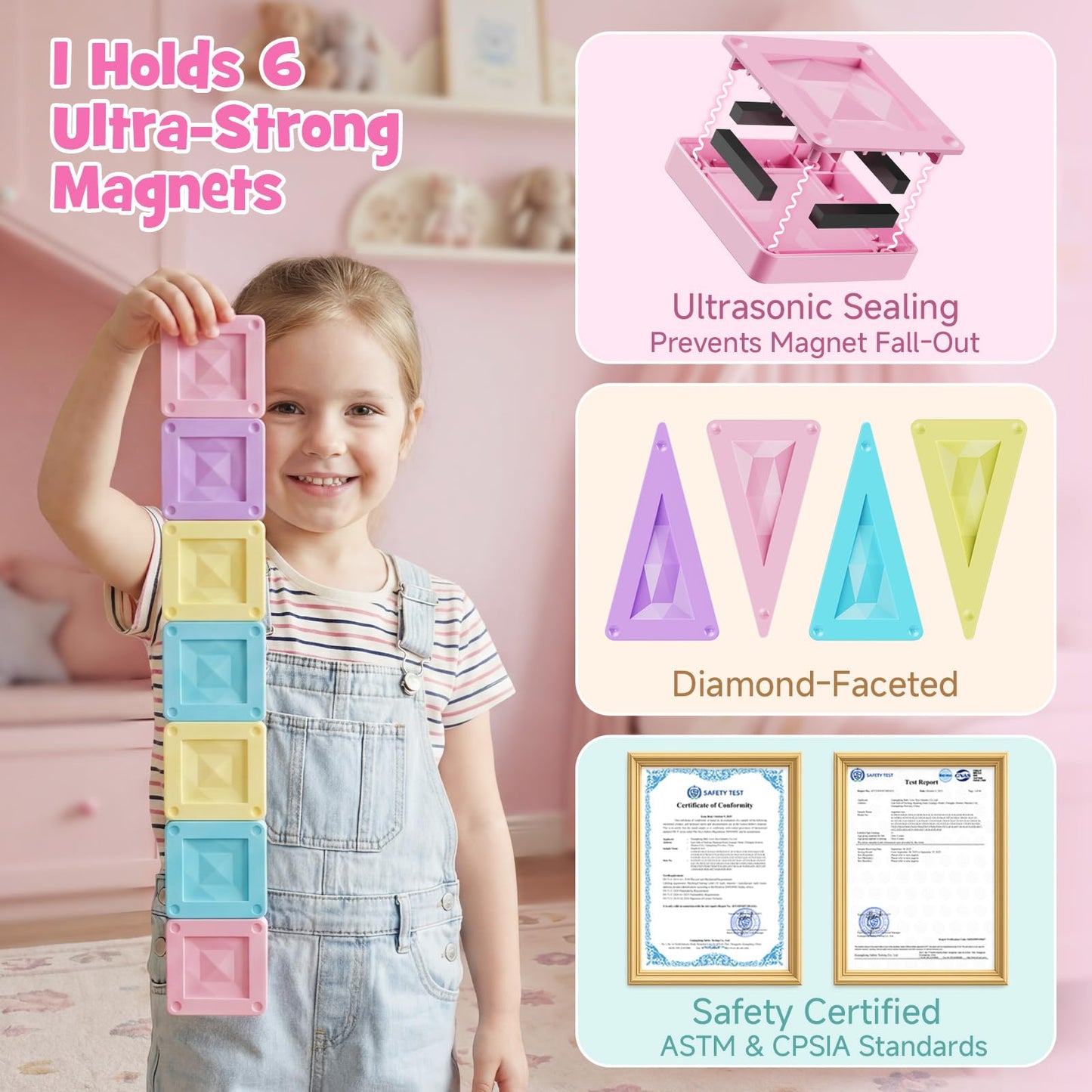 burgkidz Mini Magnetic Tiles Girls Travel Toy- 40 PCS Macaron Magnet Blocks with Pink Tin Box - 120 Mins Quiet Play for Airplane Car Essentials, Present for Girls Ages 3-8 Year Old