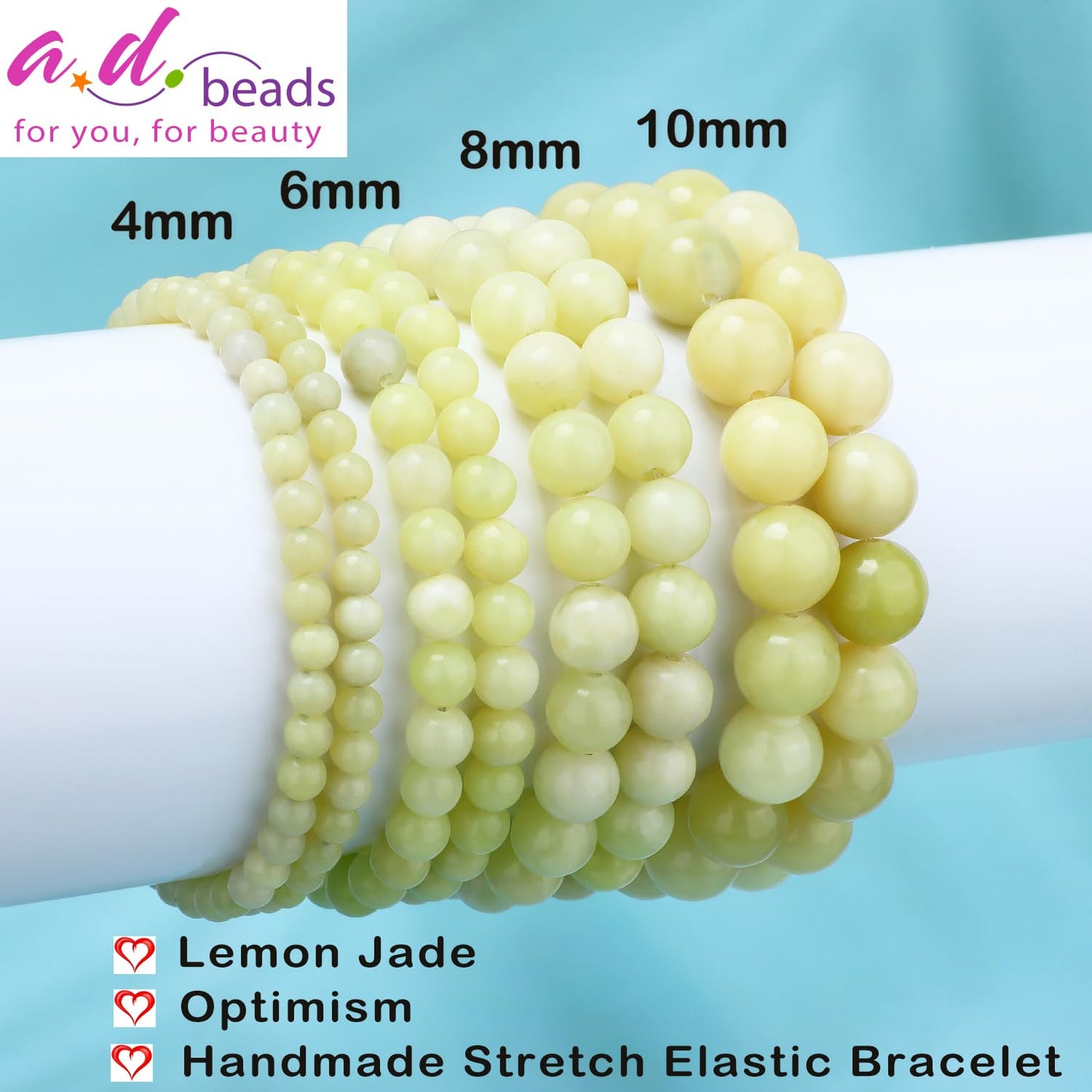 AD Beads 8mm Handmade Lemon Jade Elastic Bracelet – Natural Gemstone for optimism – Meditation, Yoga, Healing and Energy Gift for Men Women
