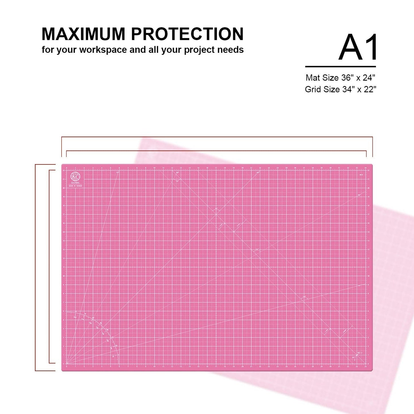 KC GLOBAL A1 (36"x24") Self-Healing Cutting Mat (Pink) - Sturdy, Reversible, Eco-Friendly, Non-Slip. Premium Desk Mat for Crafters, Quilters, and Hobbyist