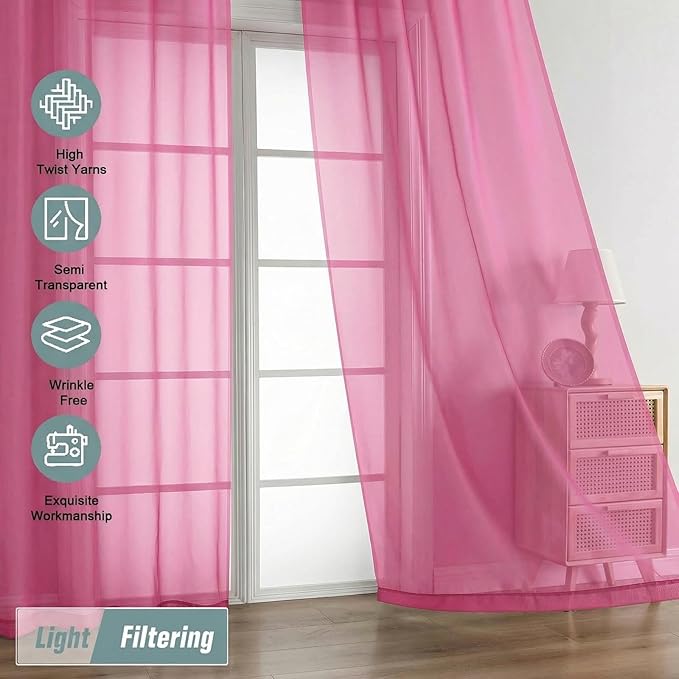 Sheer Curtains 84 Inches Long 2 Panels, Elegant Airy Transparent Light Filtering Window Curtains, Window Drapes for Living Room Bedroom, Top Dual Rod Pocket Design, Hot Pink, 2x42Wx84L Inches