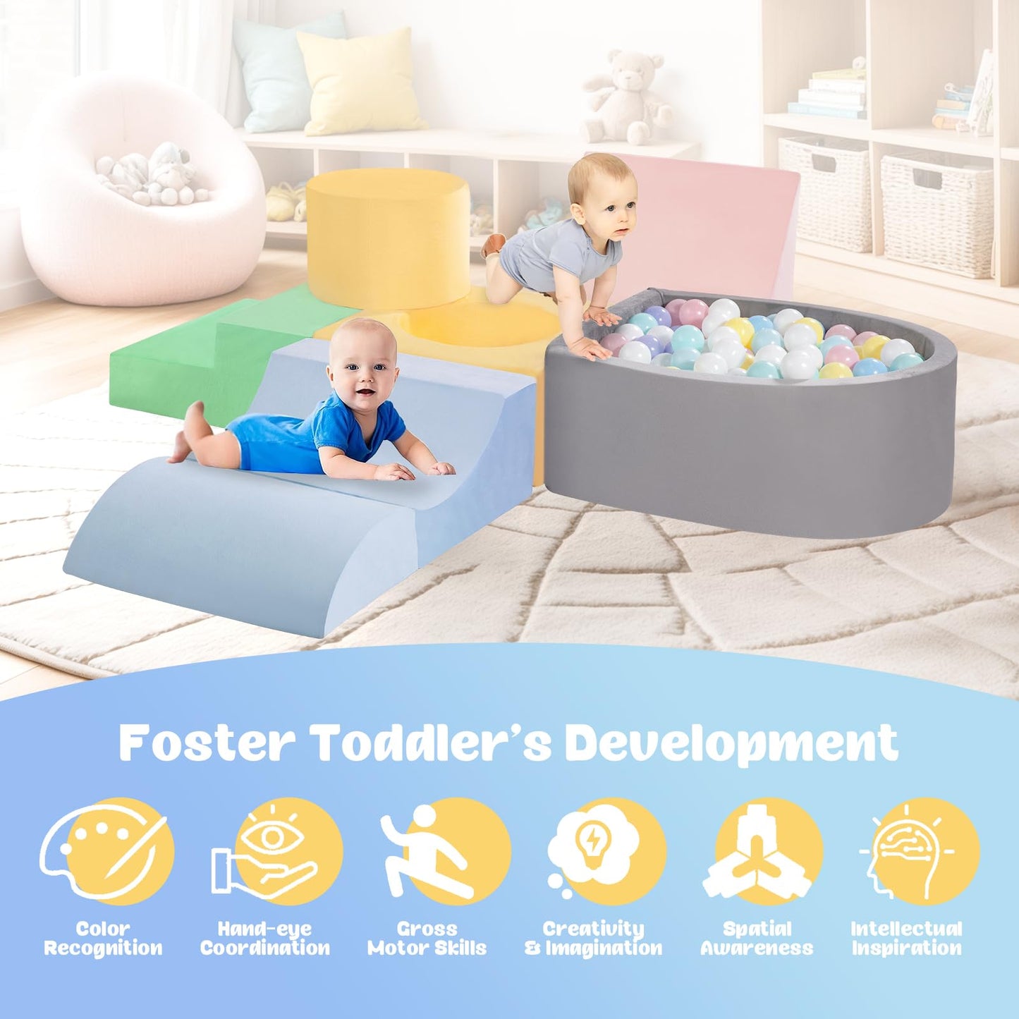 CAMELUS Toddler Climbing Toys Indoor, Baby Foam Climbing Blocks with Ball Pit for 1-3 Years Old, 6-Piece Soft Play Set Climbing Blocks, Climb Crawl Activity Play, Birthday (Balls not Included)