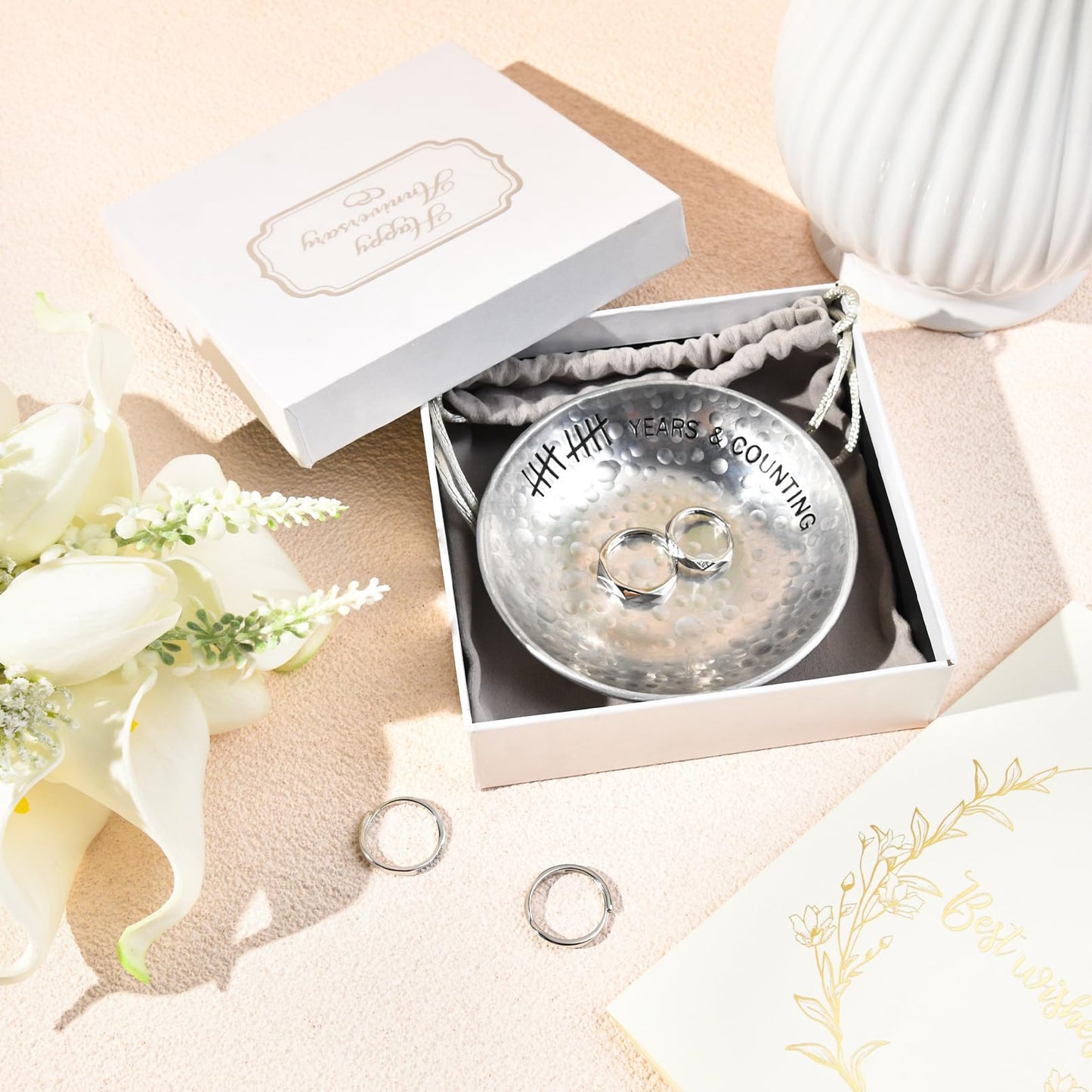 CEELGON 10 Year Wedding Anniversary Tin Gifts - 4" Tin Jewelry Tray Engraved Aluminum Decorative Dish for Couple