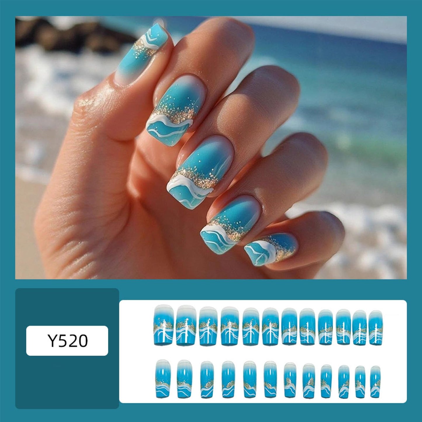 Beach Press on Nails Medium Square Blue Wave Fake Nails Gradient False Nail with Glitter Design Glossy Full Cover Stick on Nail Reusable Artificial Summer Nails for Women Manicure 24Pcs