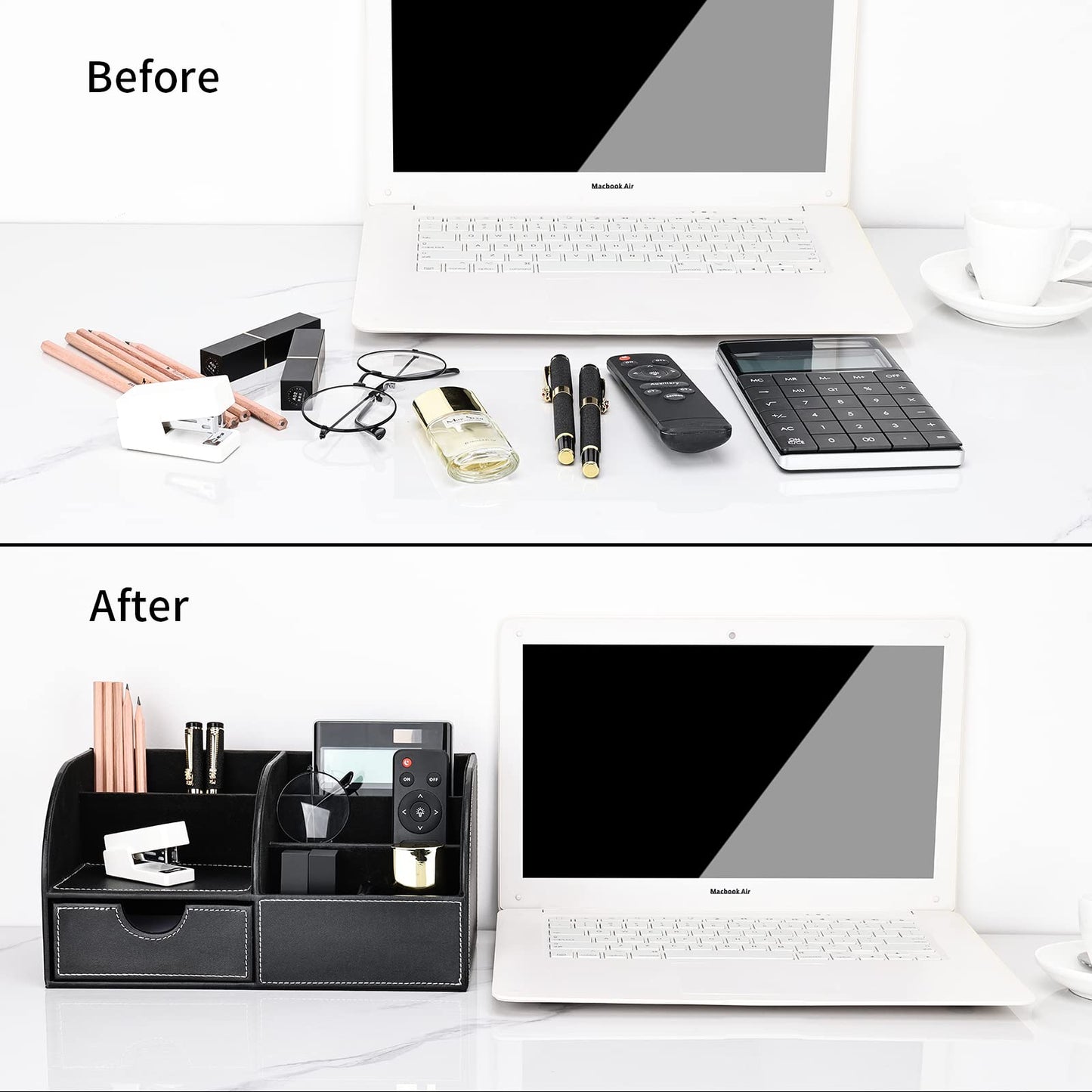 KINGFOM Pu Leather Desk Organizer Pen Pencil Holder Office Supplies Caddy Storage Box 6 Compartments with Drawer Black