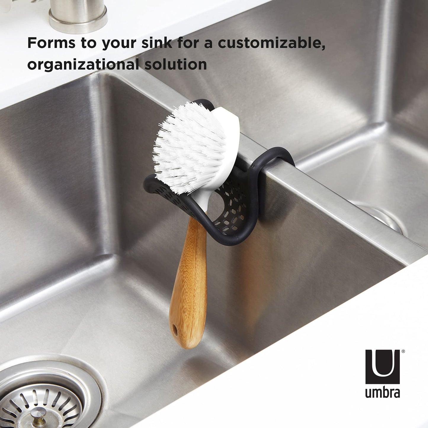 Umbra Sling Sponge Holder for Kitchen Sink – No Suction Cups, Flexible Caddy for Sinks and Faucets, Modern Design, Black