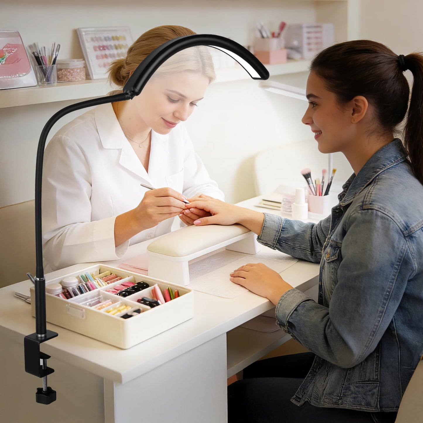 Half Moon Light for Nail Desk, Dimmable Lamp with Clamp for Manicure, Nail Techs, Study, Work, Jewelry, Tattoo. Shadowless Eye-Care Light for Reading, Art, Crafting, Sewing, Painting, DIY.Space-Saving
