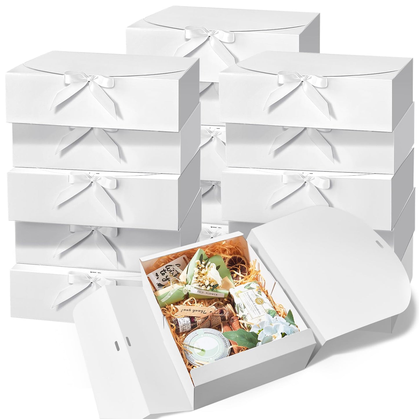 Kucoele 15 PCS Gift Boxes with Lids, 10.6 x 7.8 x 3.1 Inches Bridesmaid Gift Boxes, White Proposal Boxes with Ribbons for Wedding, Birthday, Graduation Present Packaging
