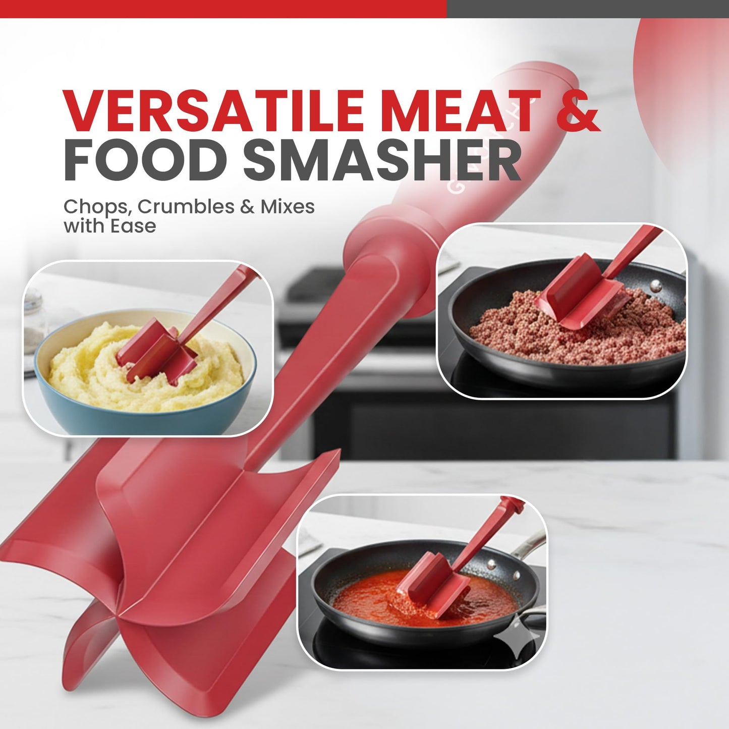 Meat Chopper & Masher, Heat-Resistant Nylon Ground Meat Breaker, Nonstick-Safe Hamburger Chopper Tool for Beef, Ergonomic Handle Kitchen Utensil (2, Red)