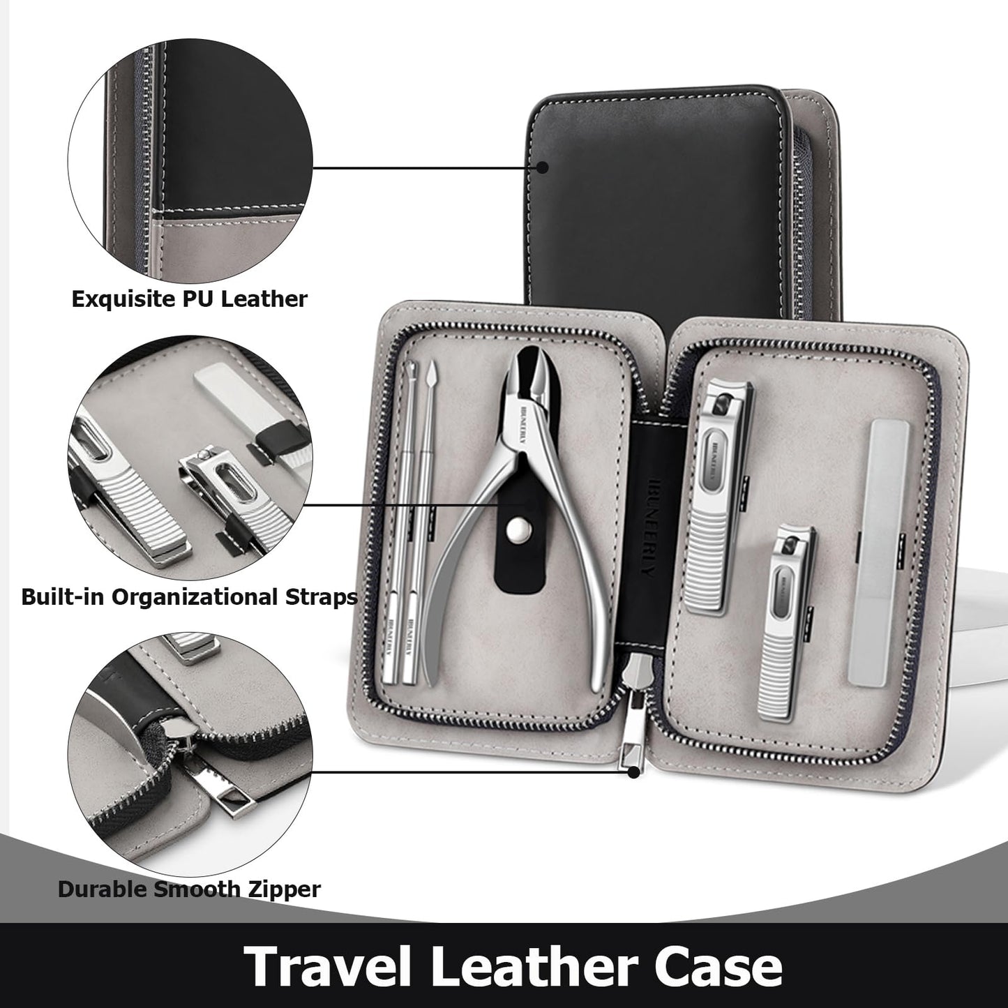 IBUNEERLY Manicure Set, Nail Cutters Set with Travel Leather Case, Professional Manicure Tools for Thick Nail & Ingrown Nail, Nail Cutters for Men and Women, Silver