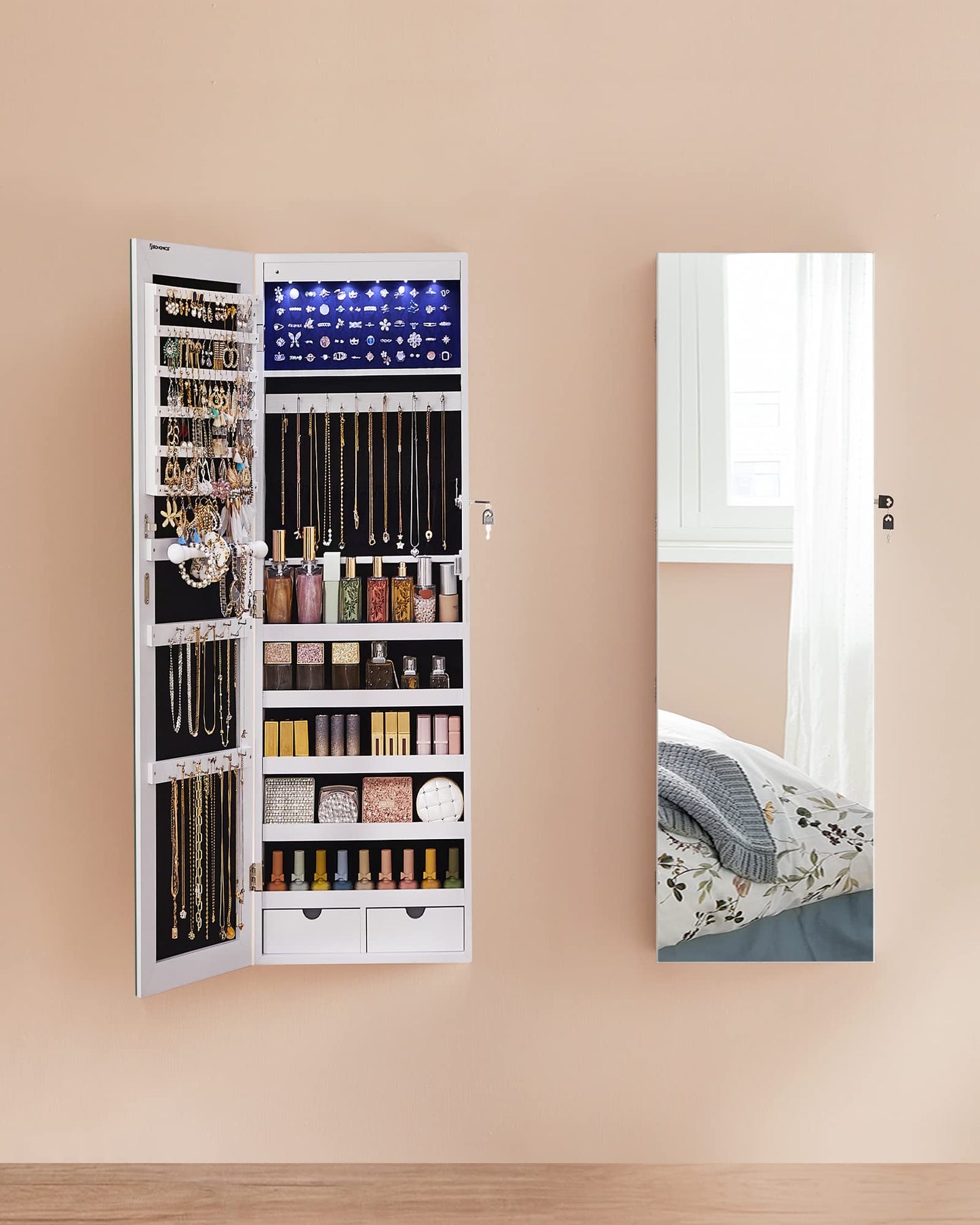 SONGMICS Hanging Jewelry Cabinet, Wall-Mounted Cabinet with LED Interior Lights, Door-Mounted Jewelry Organizer, Full-Length Mirror, Gift Idea, White UJJC99WT