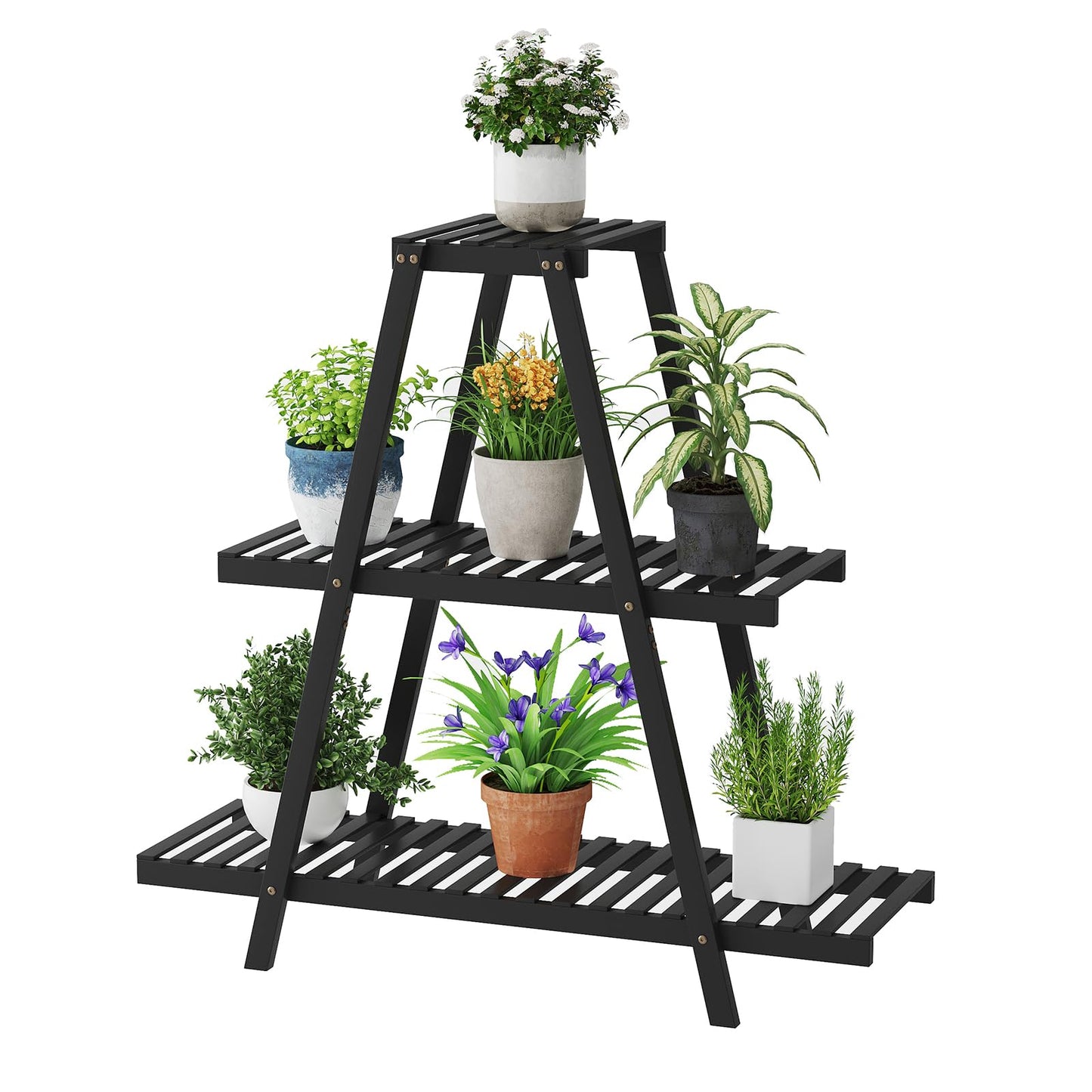 STDDRE Plant Stand For Indoor Outdoor Tiered Plant Shelf 3 Tier 8 Potted Bamboo Flower Holder Ladder Rack For Multiple Triangle Table Plant Pot Stand (Black)