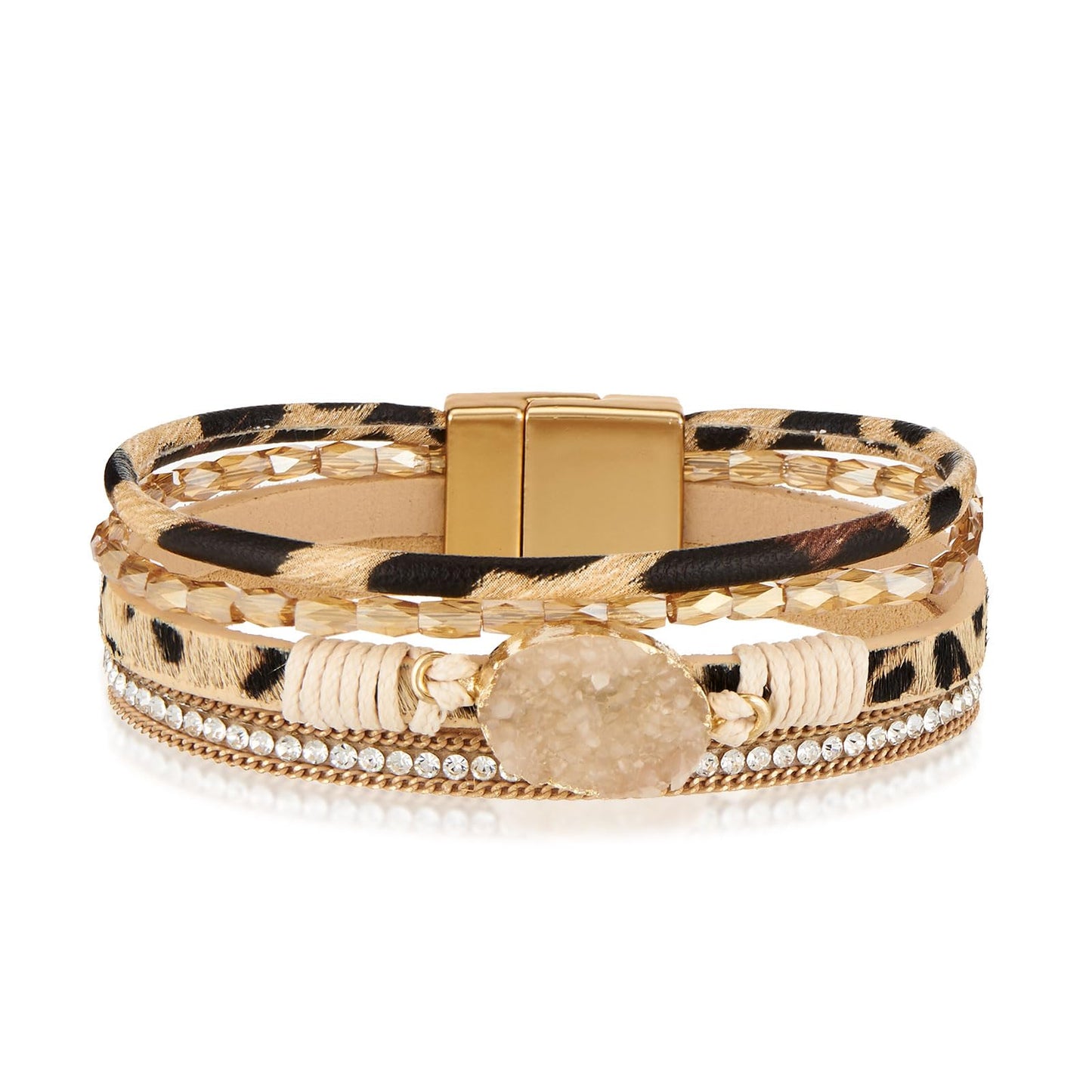 QIUTIMIY Leather Bracelets for Women Trendy Boho Cuff Bracelet Layered Bangle with Clasp Hand Wrist Jewelry Western(Style 7-Leopard)