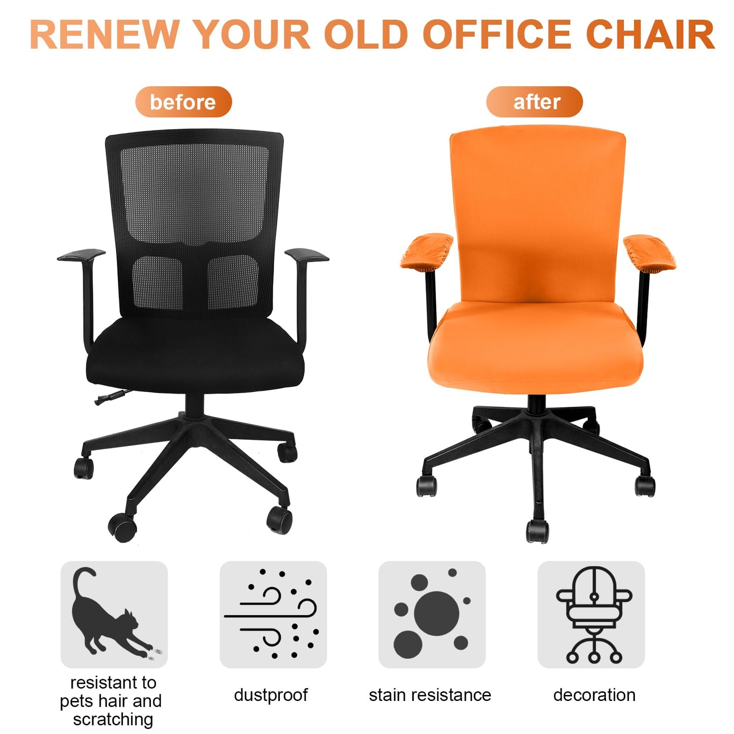 Tallew 4 Pcs Office Chair Covers Set Computer Universal Protective Stretchable Chair Seat Covers Desk Armrest Cover Pads Office Cushion Backrest for Rotating(Regular,Orange)