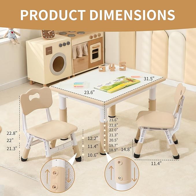 Toddler Table and 2 Chairs, Height-Adjustable Kids Table and Chairs Set, 31.5''L x 23.6''W Children Activity Table for Boys and Girls Aged 3-8
