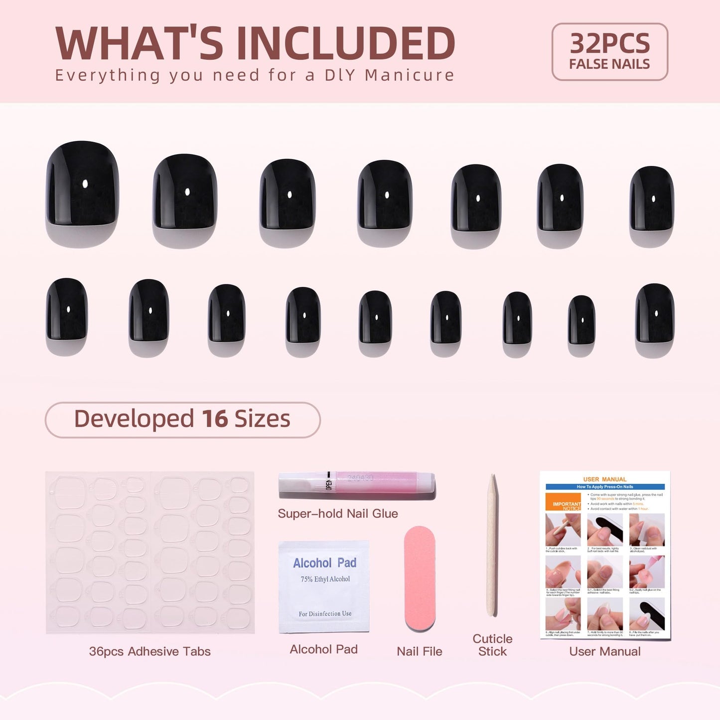 Black Press on Nails Short - RTKHFZE Soft Gel Press on Nails Short Square Fake Nails with Nail Glue,Fit Perfectly,Reusable Stick on Nail in 16 Sizes - 32Pcs False Nails Kit