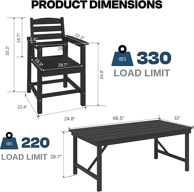 7 Piece Patio Dining Set with 11ft Patio Umbrella (Royal Blue), 7 Black Outdoor HDPE Dining Set with 6 Chairs + 1 Large Table, for Market, Pool, Garden, Backyard, Deck