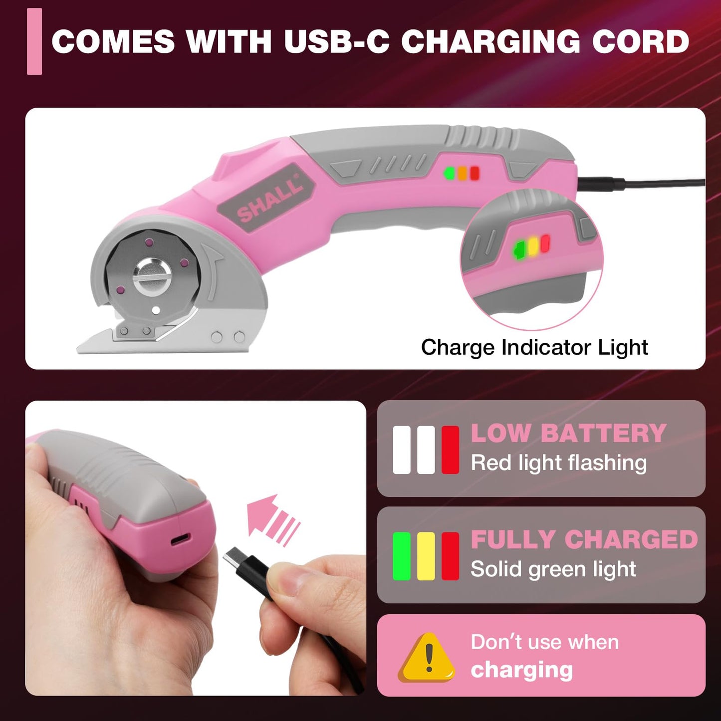 SHALL 4V Cordless Electric Scissors, Rechargeable Cardboard Cutter, Rotary Electric Box Cutter w/Safety Lock, LED Light & Replacement Blade for Fabric, Leather, Carpet, Cardboard & Plastic, Pink/Grey