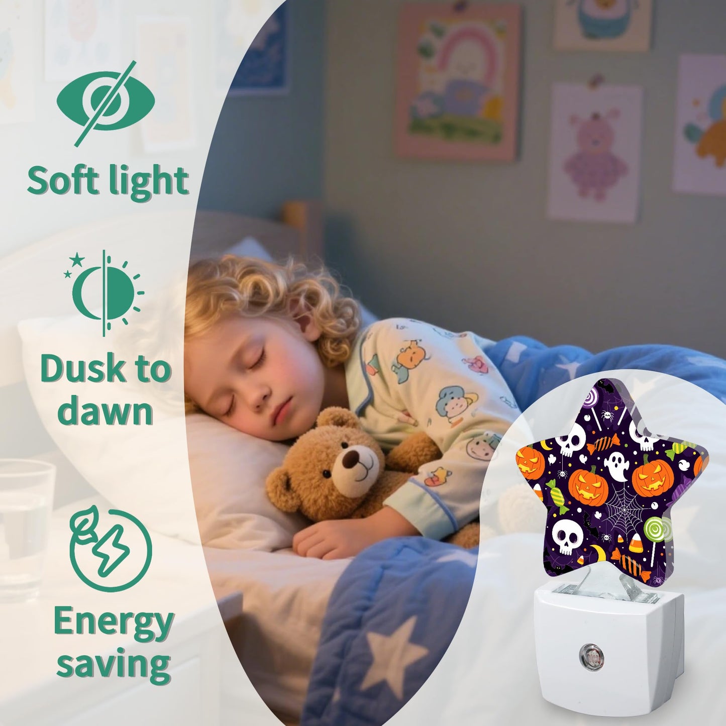 Halloween Skull Star Night Light Plug in, Decorative Night Light for Kids Room Nursery Bedroom, Soft Glow Sensor Lamp for Hallway Bathroom, Compact Energy Saving