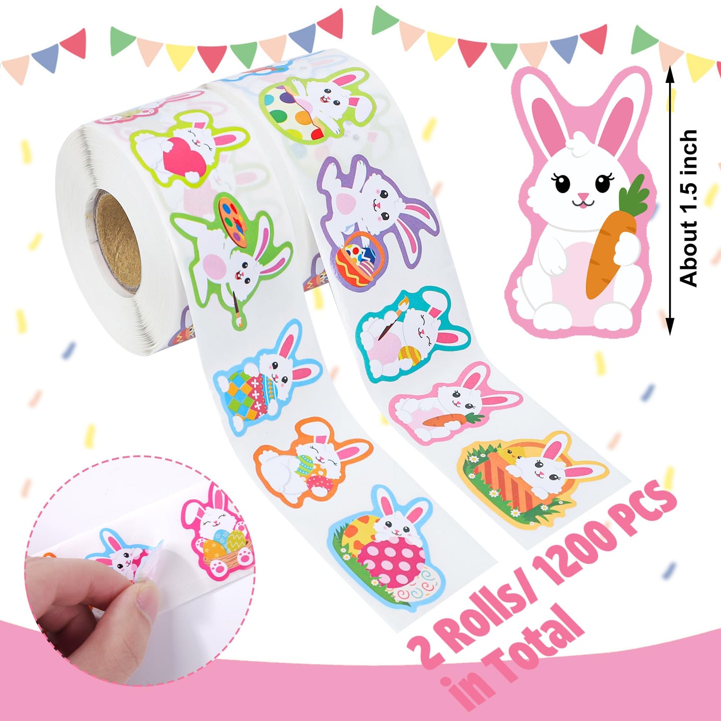 1200 PCS Easter Bunny Stickers Roll 12 Designs Easter Egg Rabbit Stickers Self-Adhesive Decorative Label Stickers for Envelopes Craft Card Gift Party Supplies, 2 Rolls