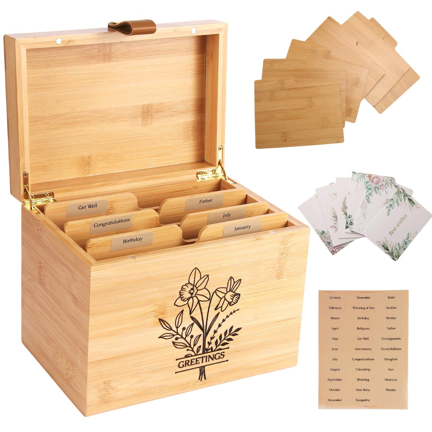 Large Bamboo Greeting Card Organizer Box with 6 Removable Dividers, Real Leather Handle, 100% Handmade Solid Bamboo, Storage Box for Christmas, Valentine, & Birthday Cards, Postcards, Stationery