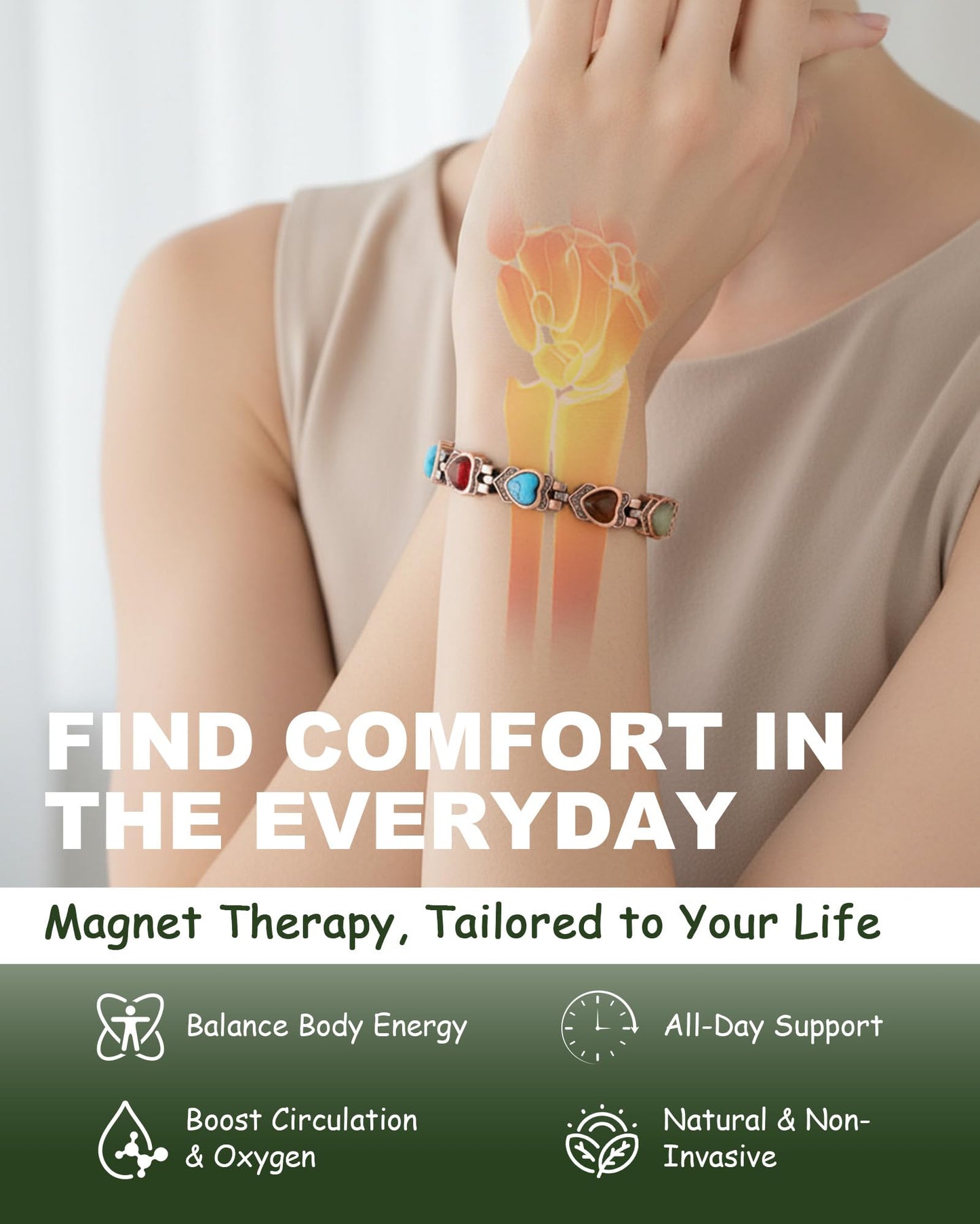 MagEnergy Copper Bracelet for Women, 99.99% Pure Solid Copper Bracelet with 3500 Gauss Magnetic, Adjustable, Jewelry Gift (Copper-Heart+Ring/B)