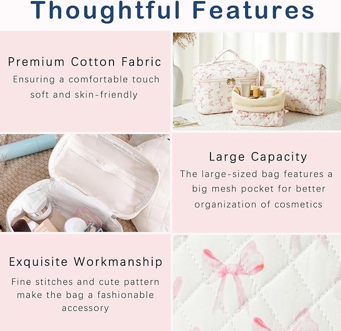 3Pcs Aesthetic Cotton Quilted Drawstring Makeup Bag Set, Aesthetic Cute Bow Makeup Pouch for Girls and Women, Aesthetic Travel Organized Cosmetic Bags for Purse(06Heart Bow)