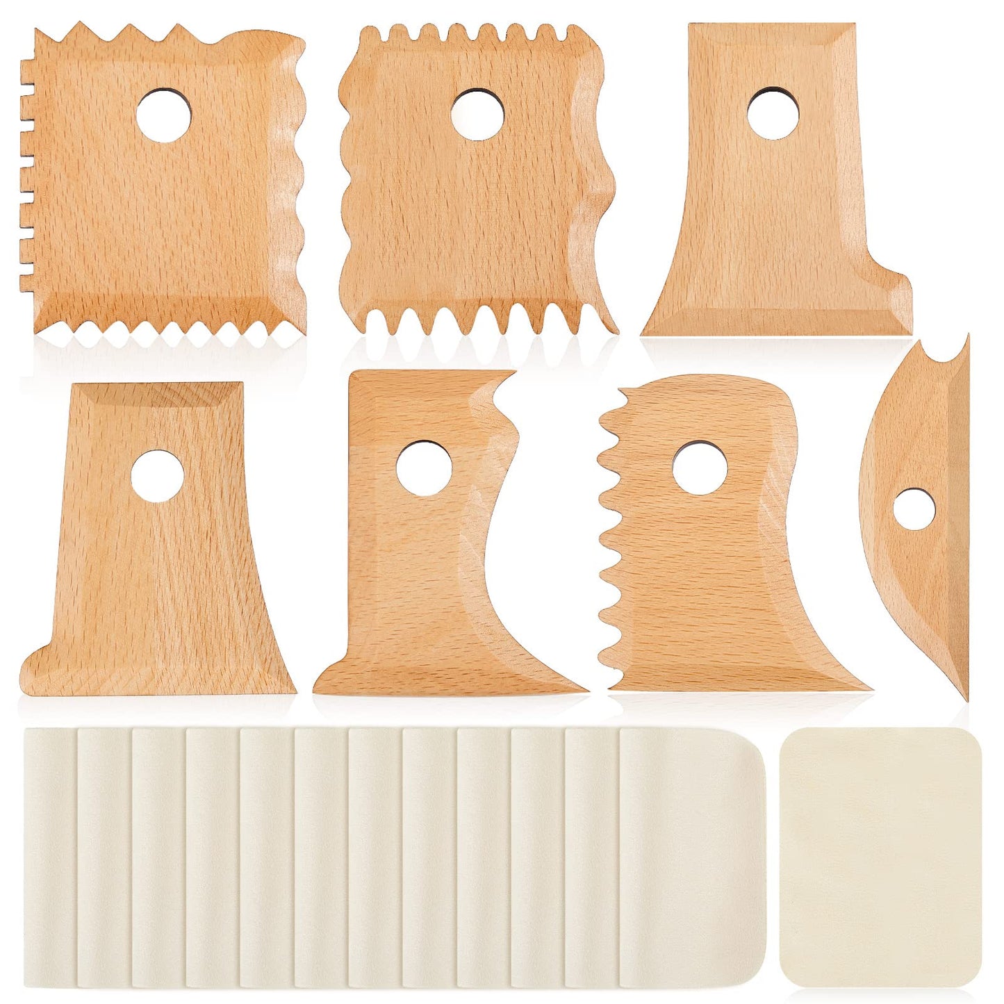 Amylove 27 Pcs Pottery Trimming Tools Set Pottery Ribs Ceramics Tools Foot Shaper with 20 Pcs Pre-Cut Chamois Cloth Wood Foot Rib for Carving Clay Molds Clay Texture Ceramics Supplies