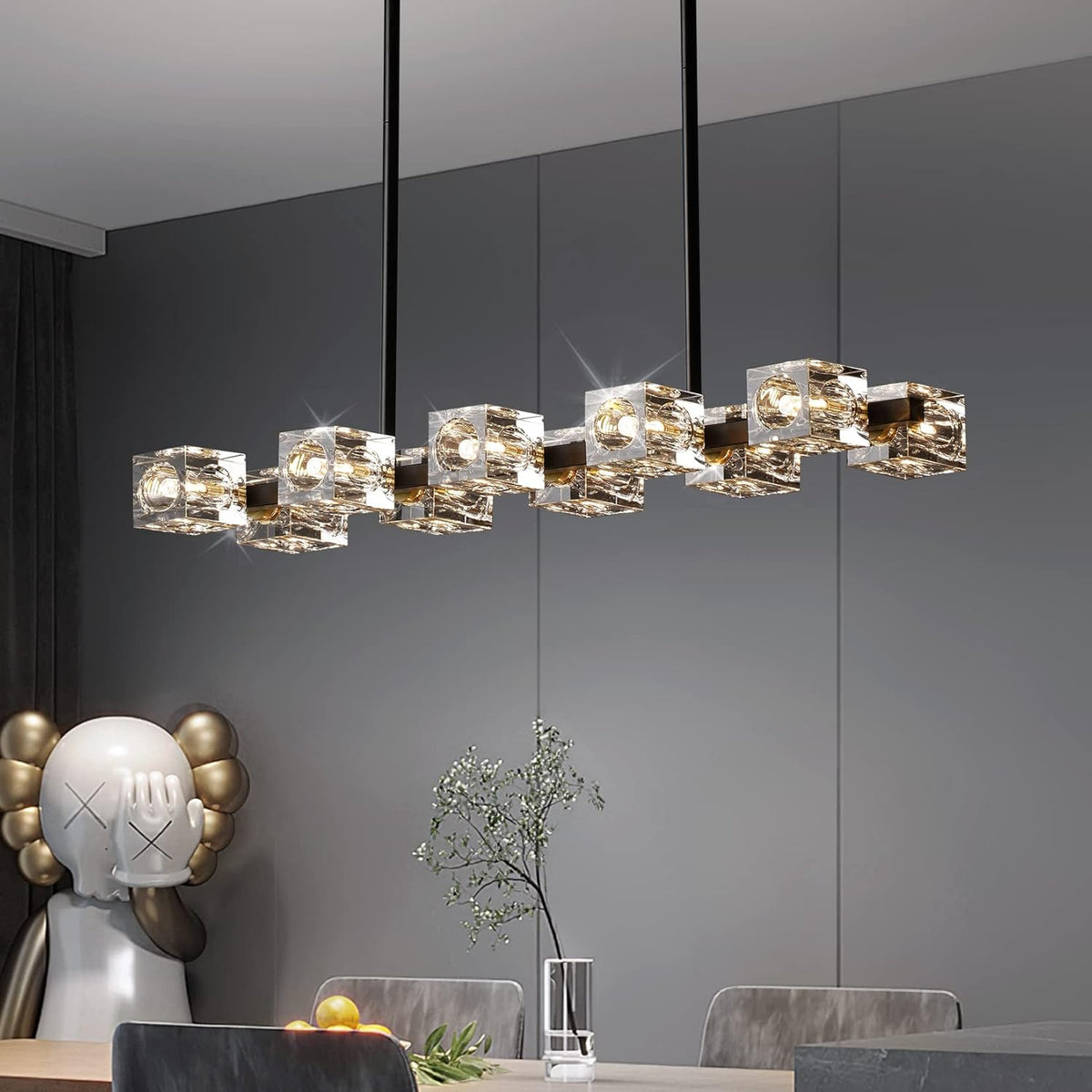 Dining Room Light Fixture,Modern Crystal Chandeleirs Semi Flush Mount Ceiling Light Fixture,Black Metal Crystal Pendant Light for Kitchen Island Farmhouse Dining Room,Living Room (10-Lights)