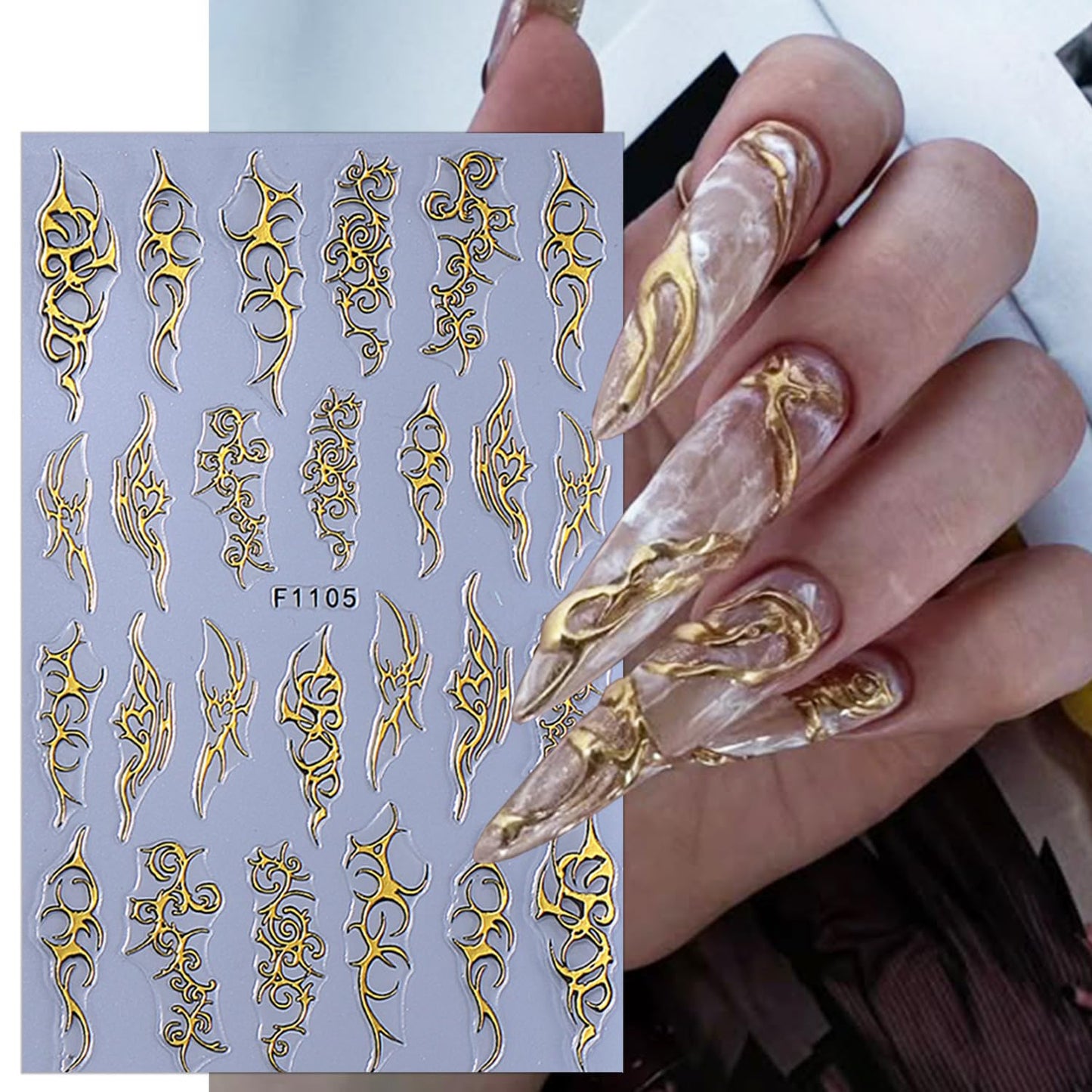 8 Sheets Goth Nail Stickers for Nail Art 3D Punk Style Black Belt Nail Art Stickers Gold Silver Flame Lines Nail Decals Self-Adhesive Centipede Pattern Irregular Geometric Lines Nail Design for Women