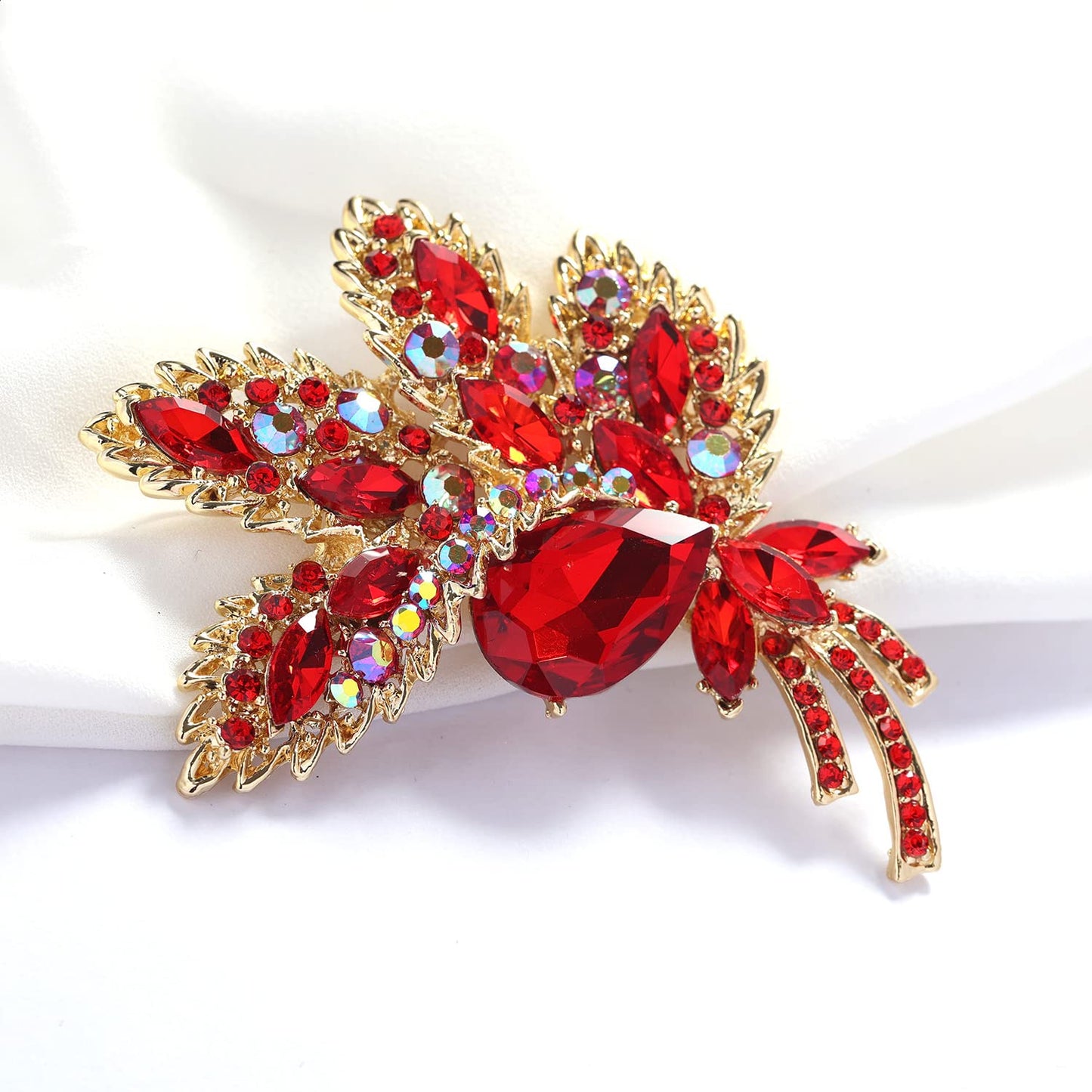 YOQUCOL Red Austrian Crystal Leaf Shape Bouquet Big Large Brooch Pin Rhinestone Scarf Decoration Wreath Cloth Pin For Women