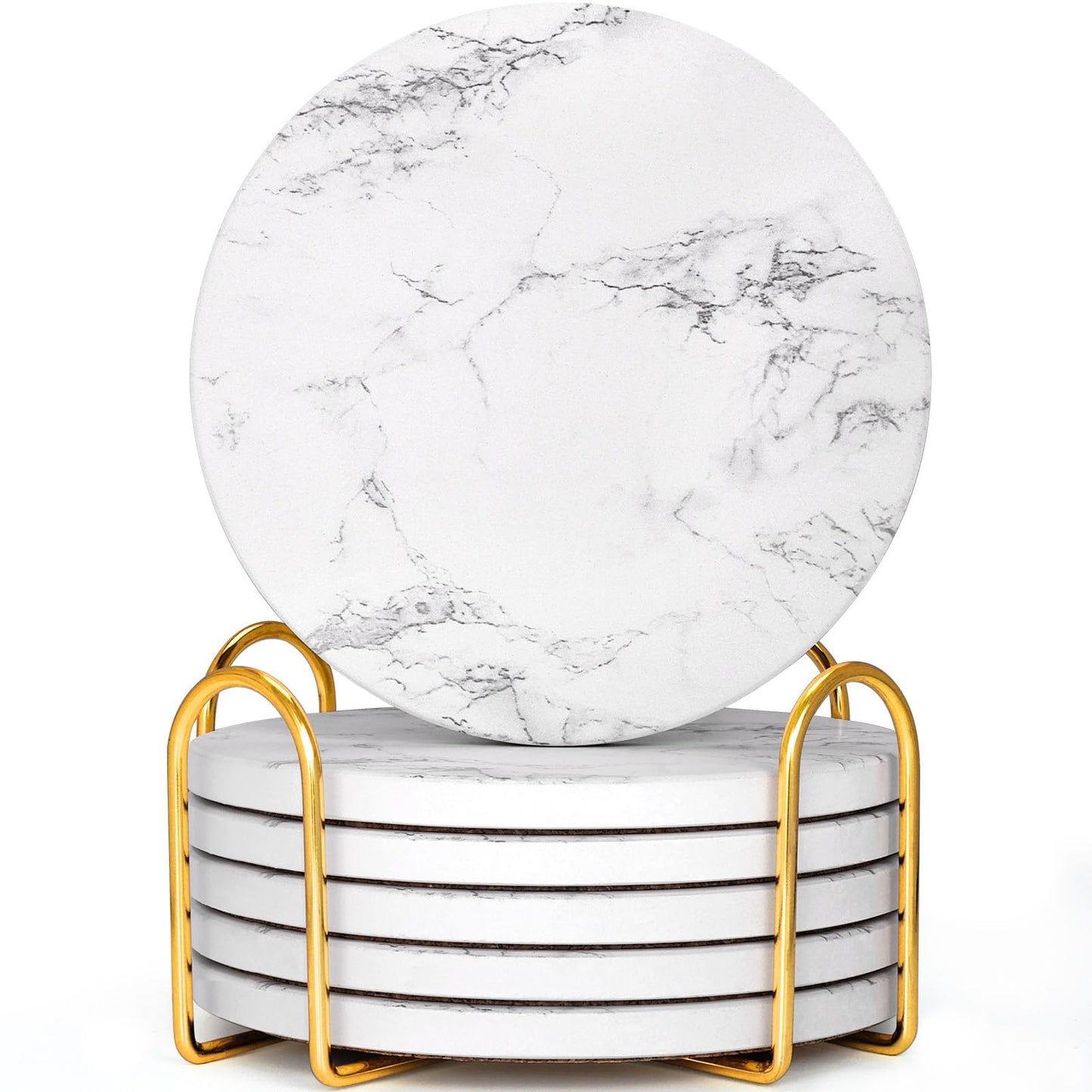 GOH DODD Coasters for Drinks Set of 6, Absorbent Marble Style Ceramic Coaster Tabletop Protection Home Decor with Metal Holder for Coffee Table, Housewarming Gifts Wedding Party, White, Round, 4 Inch