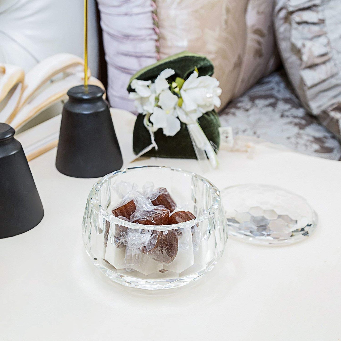 DONOUCLS Crystal Candy Dish, Nut Bowl with Lid 3" x 4.7" Decorative Crystal Bowl&Jar for Home Wedding Table