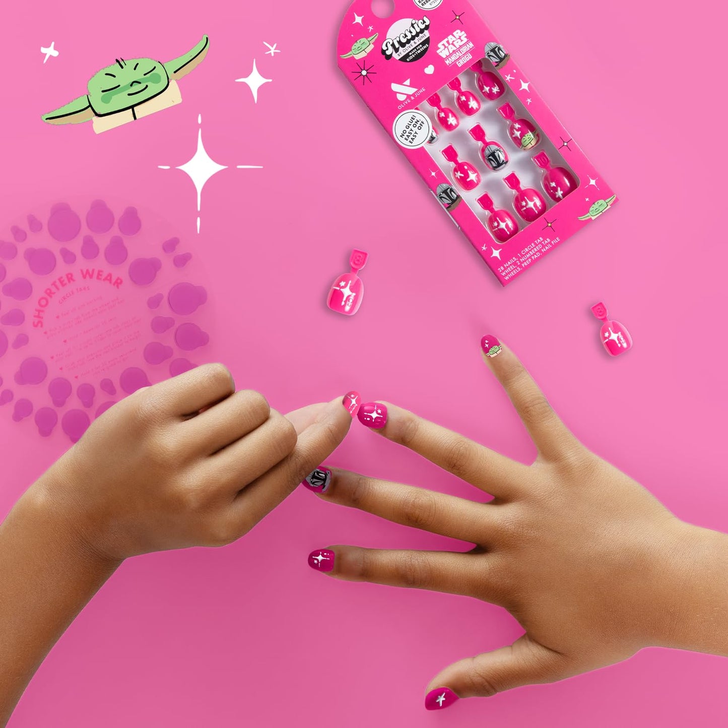 Olive & June Pressies Kids Press-On Nails (No Glue) | Star Wars: The Mandalorian & Grogu | 28 Fake Nails, 14 Sizes, 1 Nail File | Easy On-Off Mani Non-Toxic Tabs | XS/S, Round | Raspberry Rebel Run