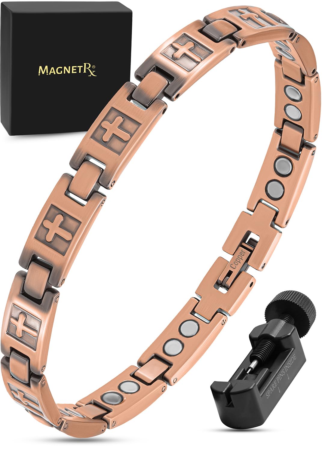 MagnetRX Copper Cross Bracelets for Women – Effective Magnetic Womens Bracelet with Cross – Adjustable Bracelet with Included Sizing Tool (Cross Style)
