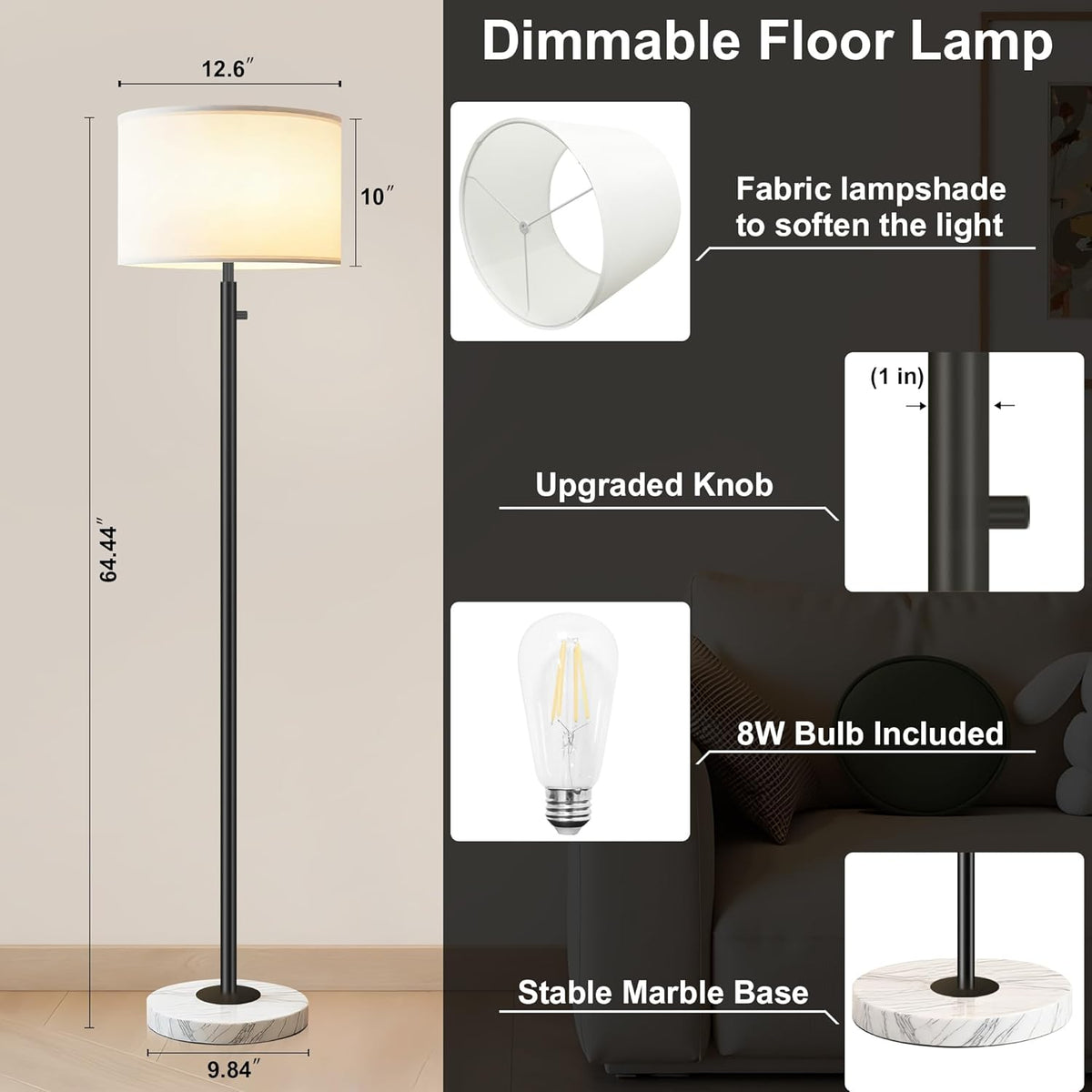 Floor Lamp for Bedroom,Modern Floor Lamp for Living Room,Standing Lamp with Marble Base,Tall Standing Lamp for Bedroom,Reading,Office & Kids' Room,LED Bulb Included(Black)