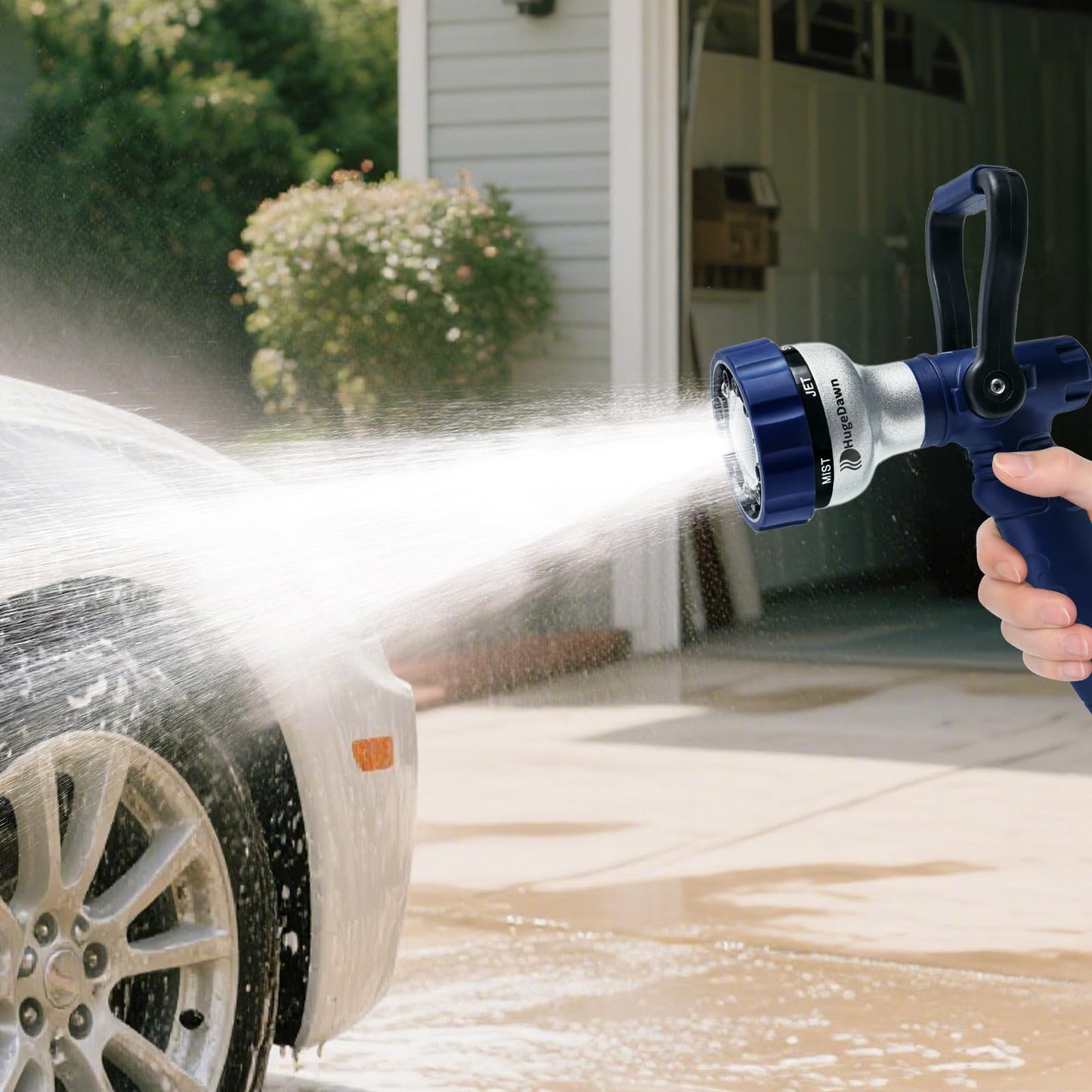 HugeDawn Garden Hose Nozzle, 6 Spray Patterns Heavy Duty Metal Water Nozzle with High Pressure for Watering, Cleaning, Washing (Blue)