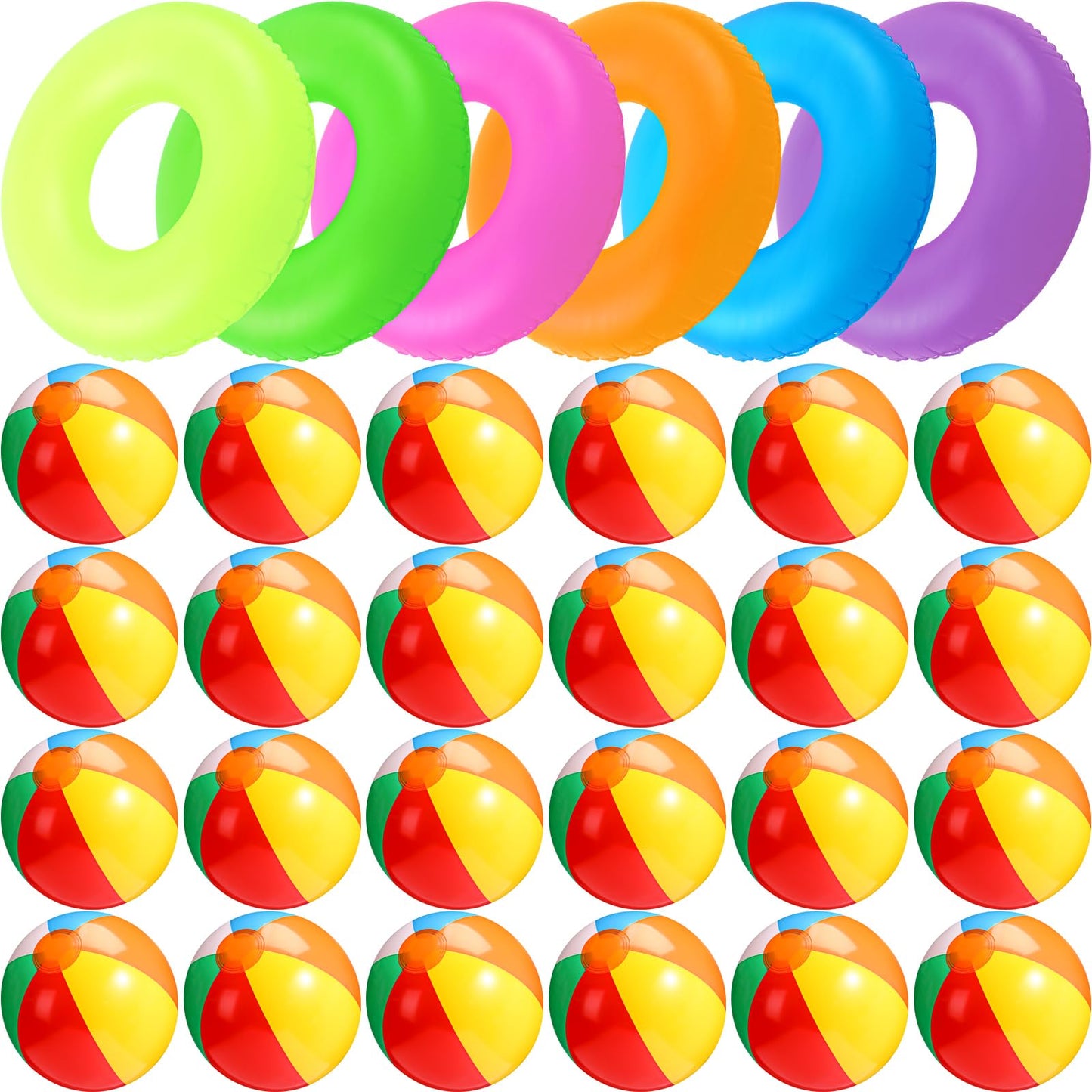12 Sets Beach Floats, Including 6 Pcs 35 Inch Inflatable Pool Tube for Adults Swimming Rings 6 Pcs 12'' Beach Inflatable Balls for Vacation Decorations Summer Activity Party