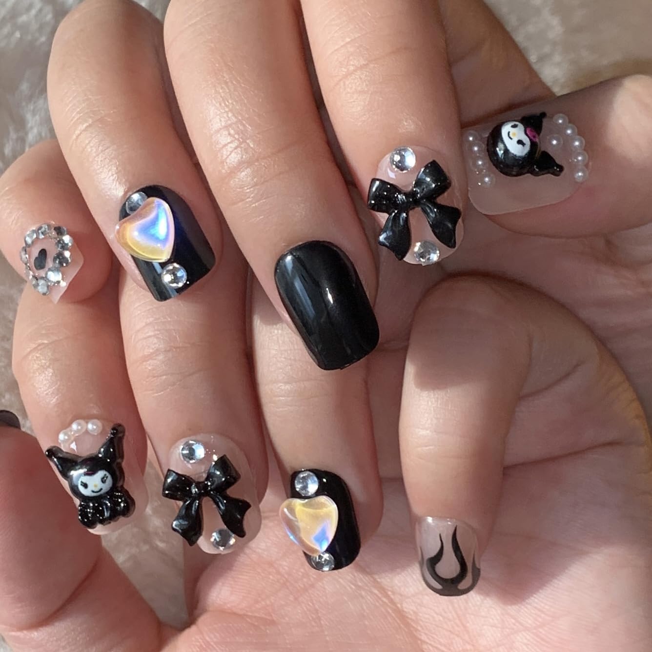BABALAL Press on False Nails Short Square Fake Nails Black Goth Glue on Acrylic Anime Charm Cute Y2k Design Bow Heart Handmade Supplies 24Pcs Luxury Full Cover Kawaii Nails