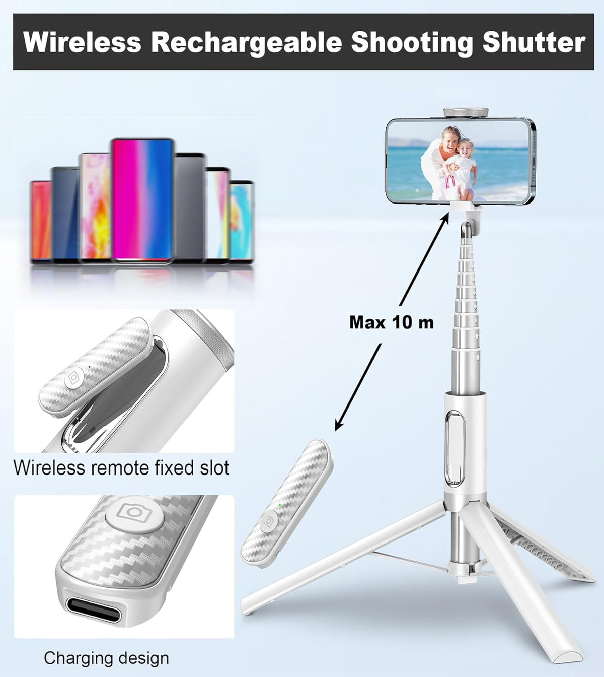 TONEOF 67" Travel Tripod,Selfie Stick,All-in-1 Phone Stand with Integrated Wireless Remote,Lightweight and Portable,Extendable for iPhone and Android(White)