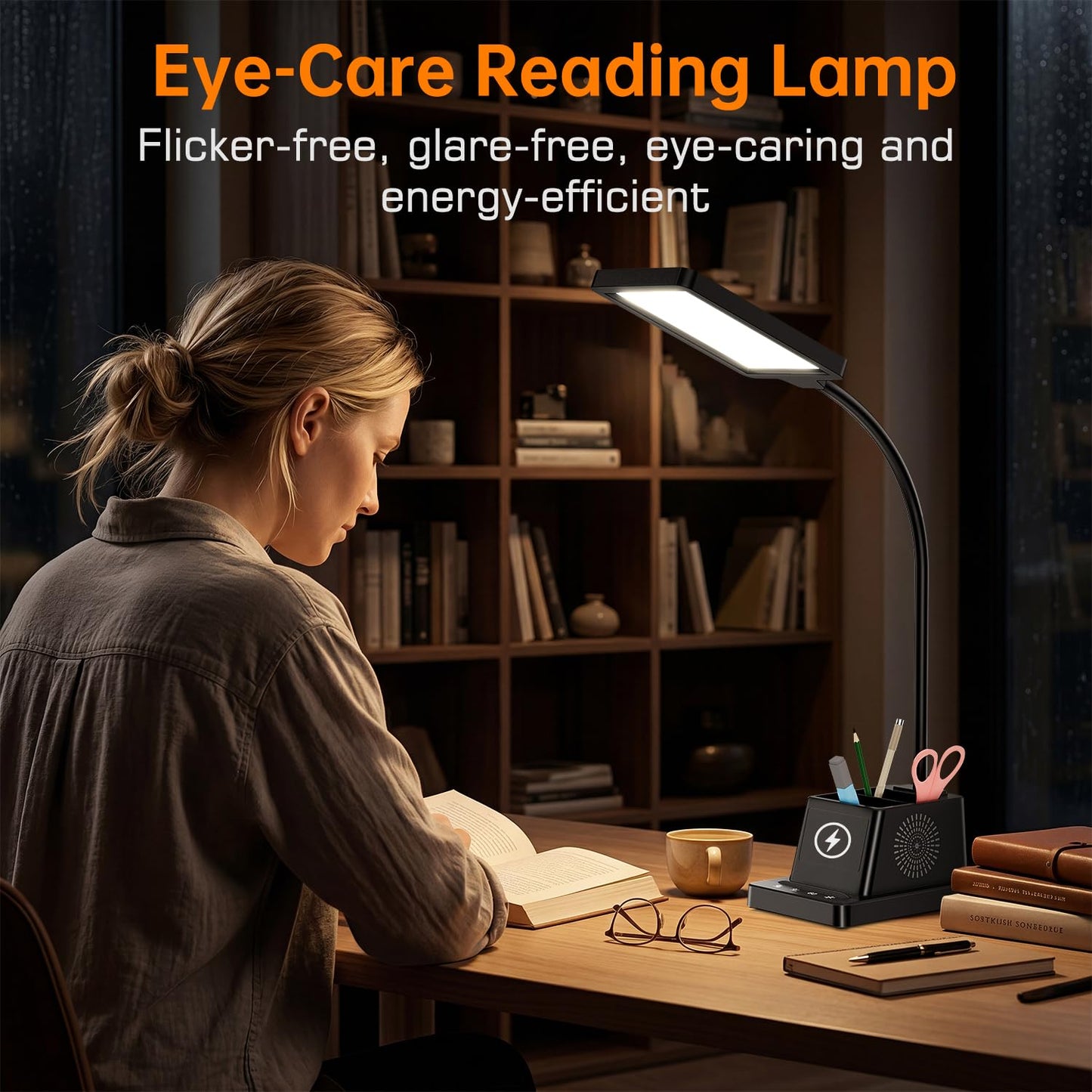 cozoo LED Desk Lamp for Home Office, 15W Bright Desk Light with Wireless Charger Pen Holder, Gooseneck Small Table Lamp for Bedroom, Study, Reading, Work, Task, Craft, College Dorm Room Accessories