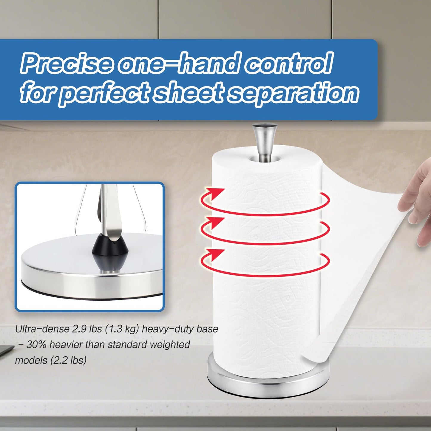Paper Towel Holder Countertop with Suction Cups - Heavy Duty (2.9 lbs) Stainless Steel Paper Towel Dispenser, One-Hand Tear for Kitchen, Fits Standard & Mega Rolls