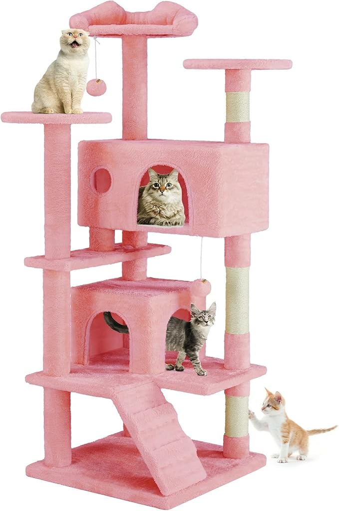 54 Inches Cat Tree Tower Condo Furniture, Cat Tower for Indoor Cats, Cozy Hammock and Sisal Scratching Posts, Multi-Level Durable Cat Scratch Post for Kittens Pet House Play, Detachable Toy, Beige