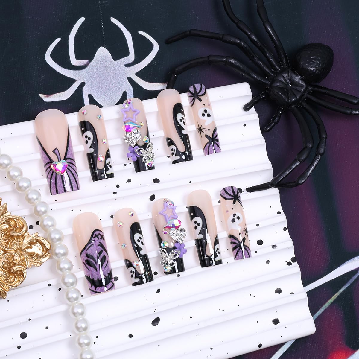 24Pcs Halloween Press on Nails Long Square French Tip Fake Nails with Purple Gothic Ghost Pumpkin Design Cute Flower Butterfly Star Gems False Nails Full Cover Artificial Glue on Nails for Women DIY