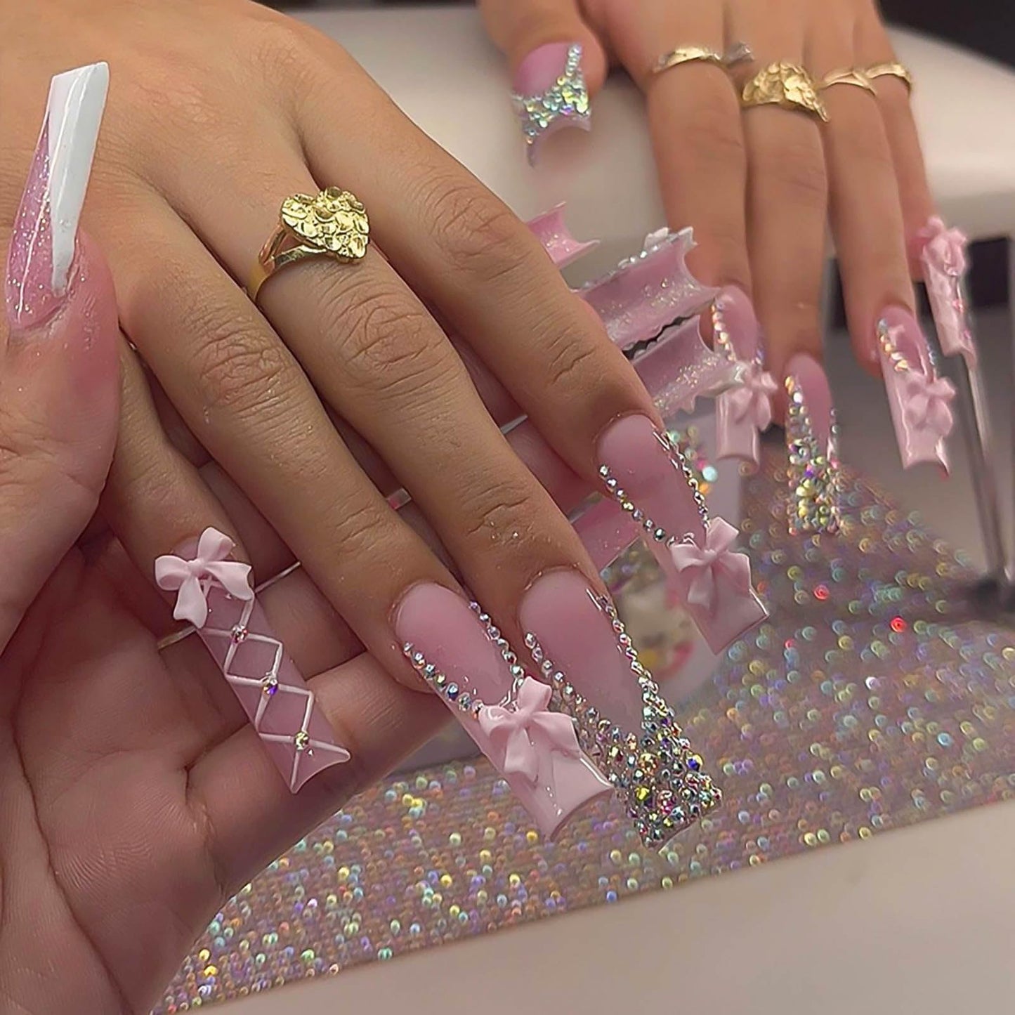 RUOKEXIN Long Square Press on Nails - French Tip False Nails Pink, Bow Rhinestone Designs, 24Pcs