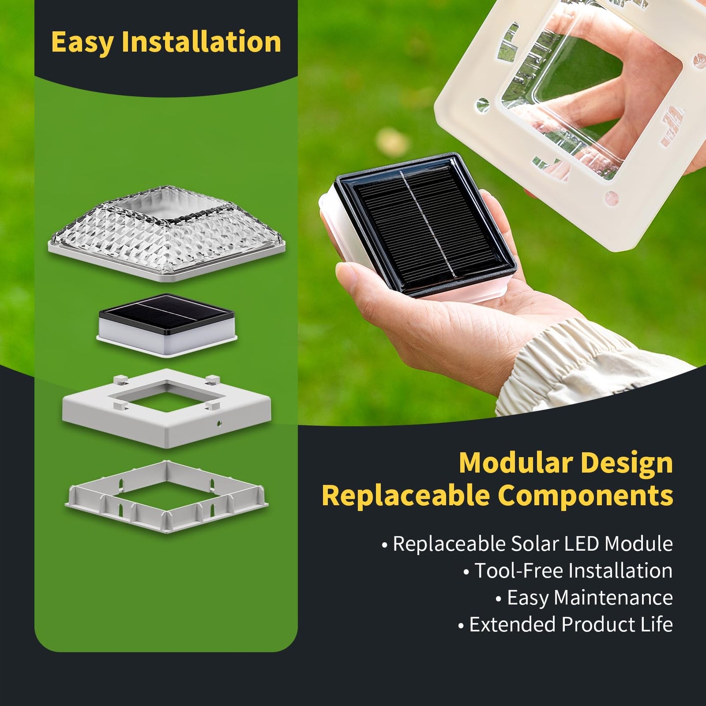 OPOIRA Glass Solar Post Cap Lights with Crystal Style - Decorative Deck Fence Lights for 4x4 5x5 Posts Hidden Solar Panel, Modular Design, 10Hr Runtime, IP65, Warm White, White, 2 Pack