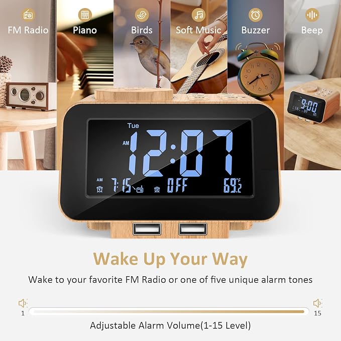 uscce Digital Dual Alarm Clock Radio for Bedrooms with Weekday/Weekend Mode | Large Numbers with 0-100% Dimmer - FM Radio with 2 USB Charging Port & 6 Sound Adjustable Volume & Sleep Timer Battery Backup