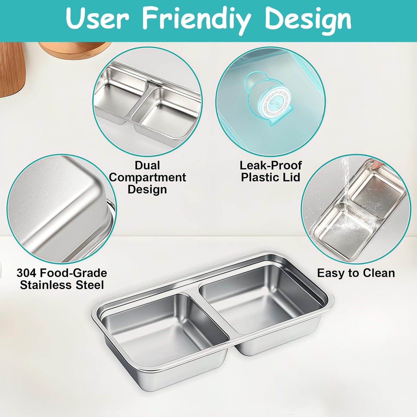 BSTUR 4Pcs 304 Stainless Steel Bento Boxes, 2 Compartments Portable Food Storage Containers Snack Boxes with Lids, Divided Meal Prep Lunch Box Food Container Dishwasher Safe