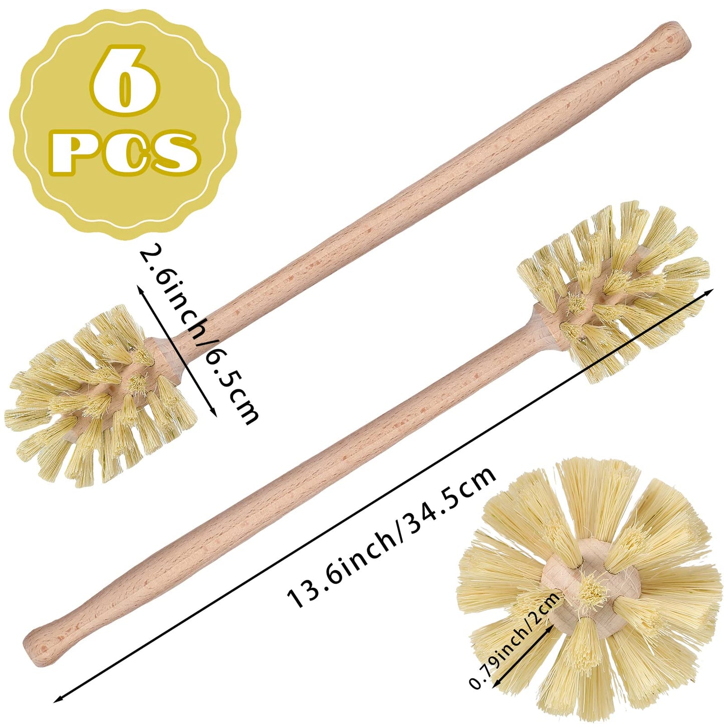 Gejoy 6 Pcs Natural Wood Dish Scrub Brush with Long Beechwood Handle Bristles for Cleaning Bottles, Mugs, Jars, Glasses, Dishes, Vases, Pitchers, 13.6 x 2.6 Inches