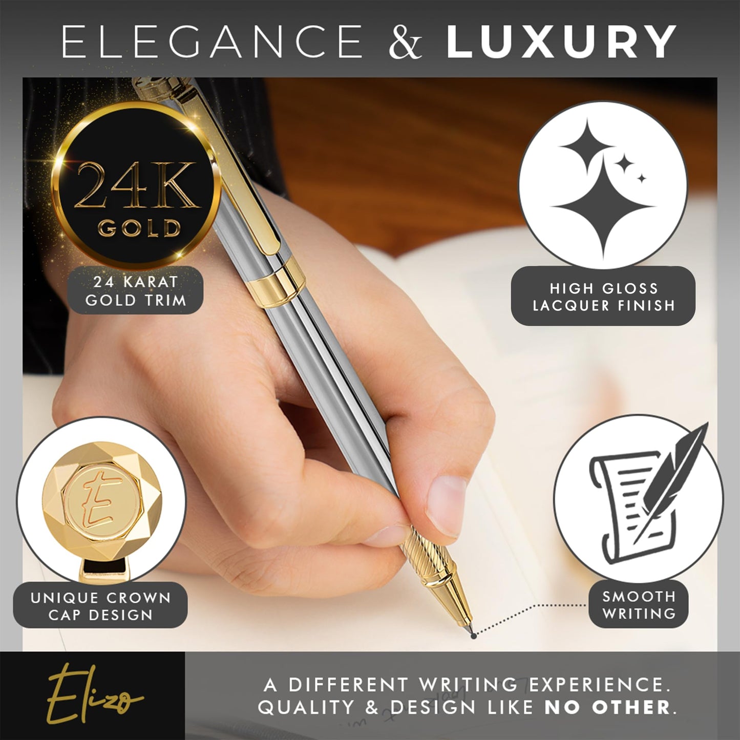 ELIZO Leather Portfolio & Rollerball Pen Bundle – Professional Padfolio Organizer with Antique Letter Strap & 24K Gold Trim Executive Pen, Schmidt Ink Business Writing Set