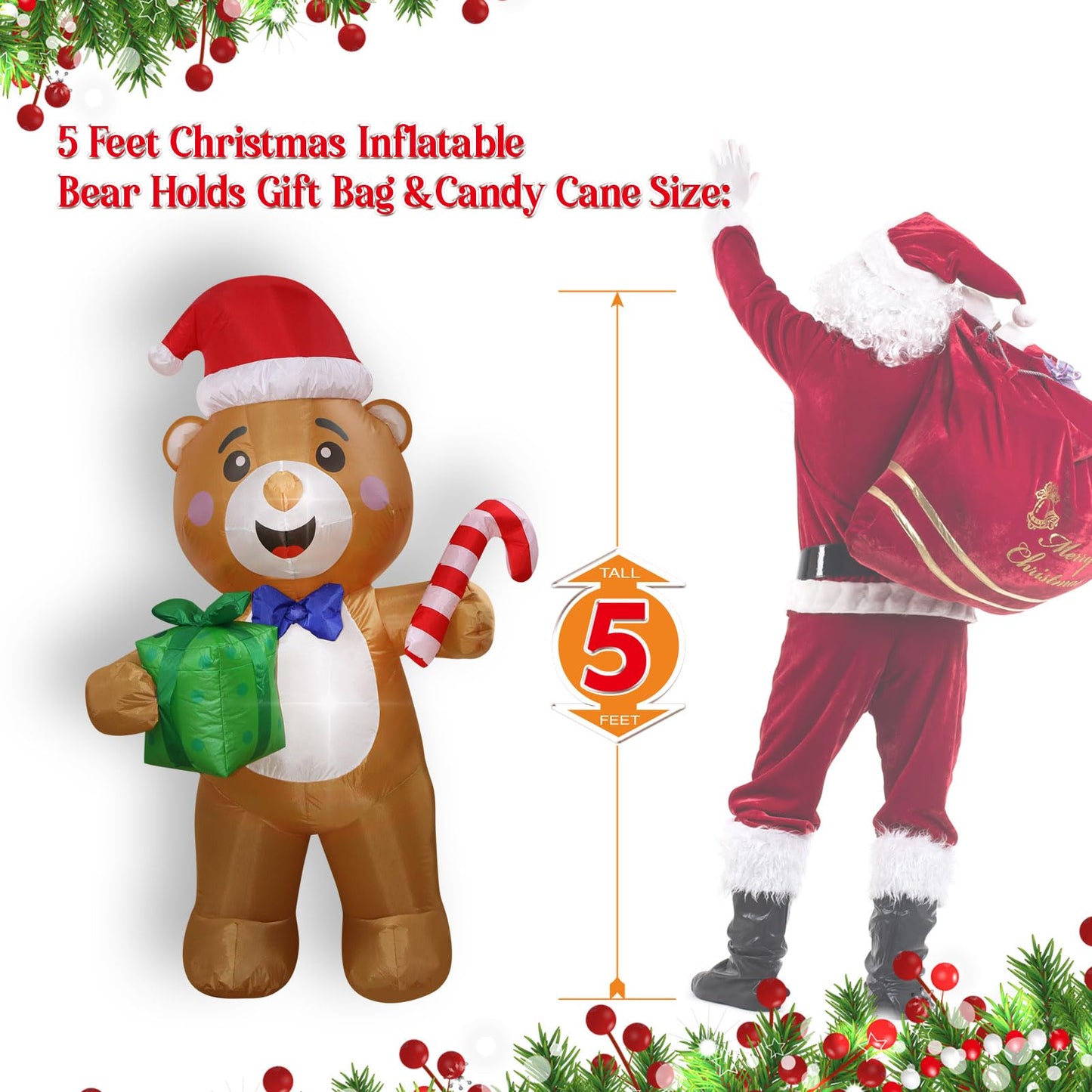 Christmas Inflatables Bear Gift Box Candy Cane Lighted Yard Lawn Inflatable Decoration with Built-in Fan and Stakes Ropes Holiday Party Decor, Christmas Decor (5FT-Bear Holds Giftbox & Candy Cane)